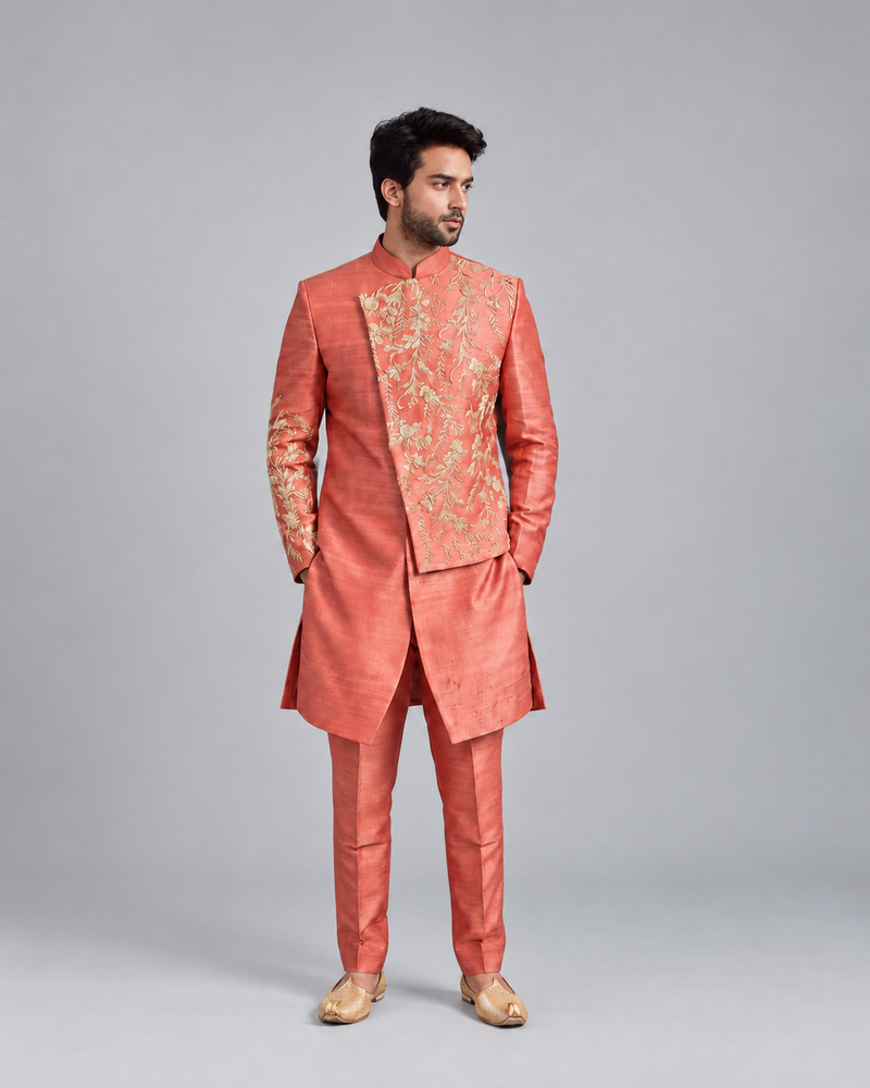 Men’s Coral Pink Embroidered Indo-Western Set – Designer Wedding & Festive Ethnic Wear