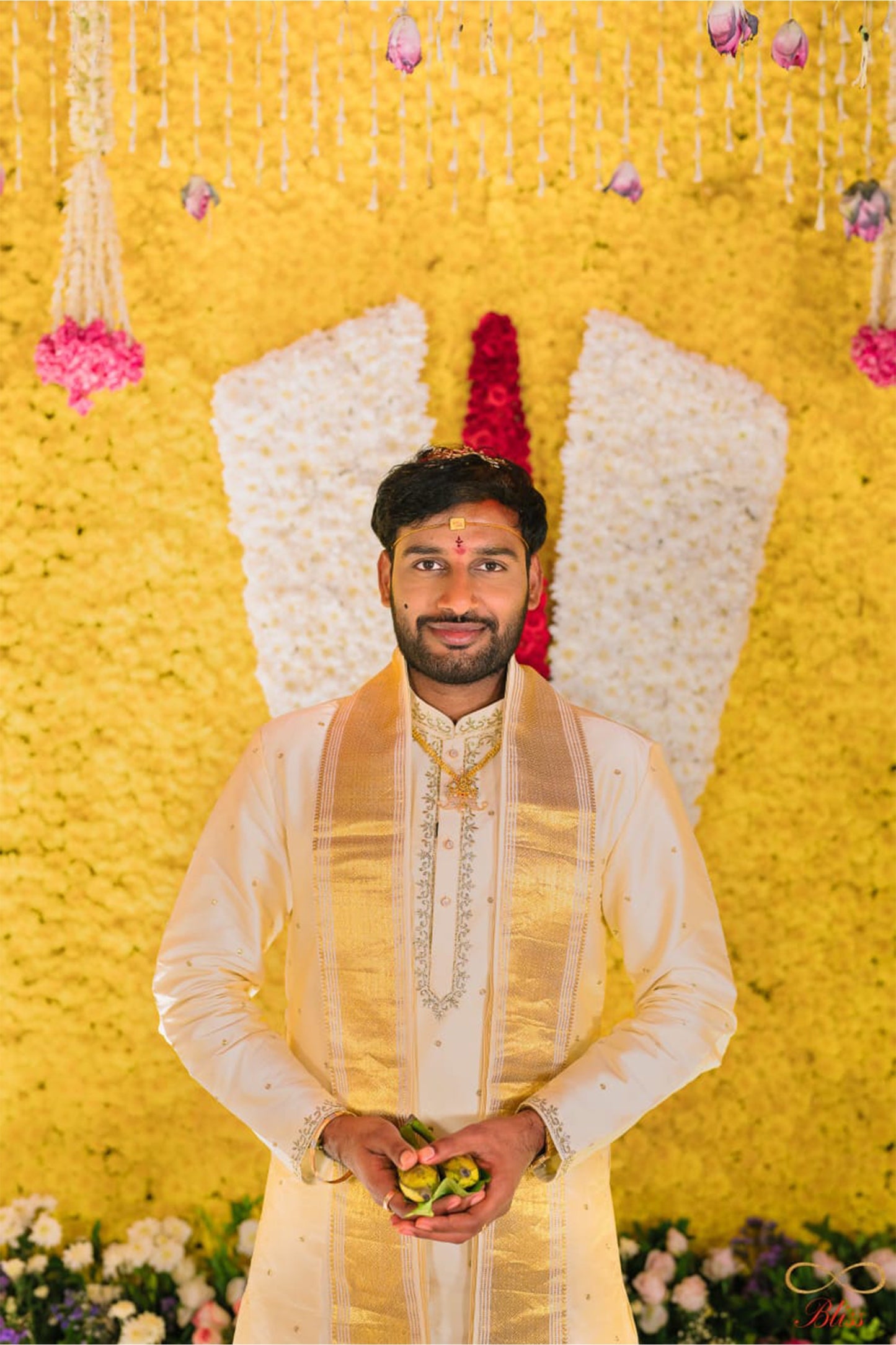 Cream gold semi pattu pancha set with zari work