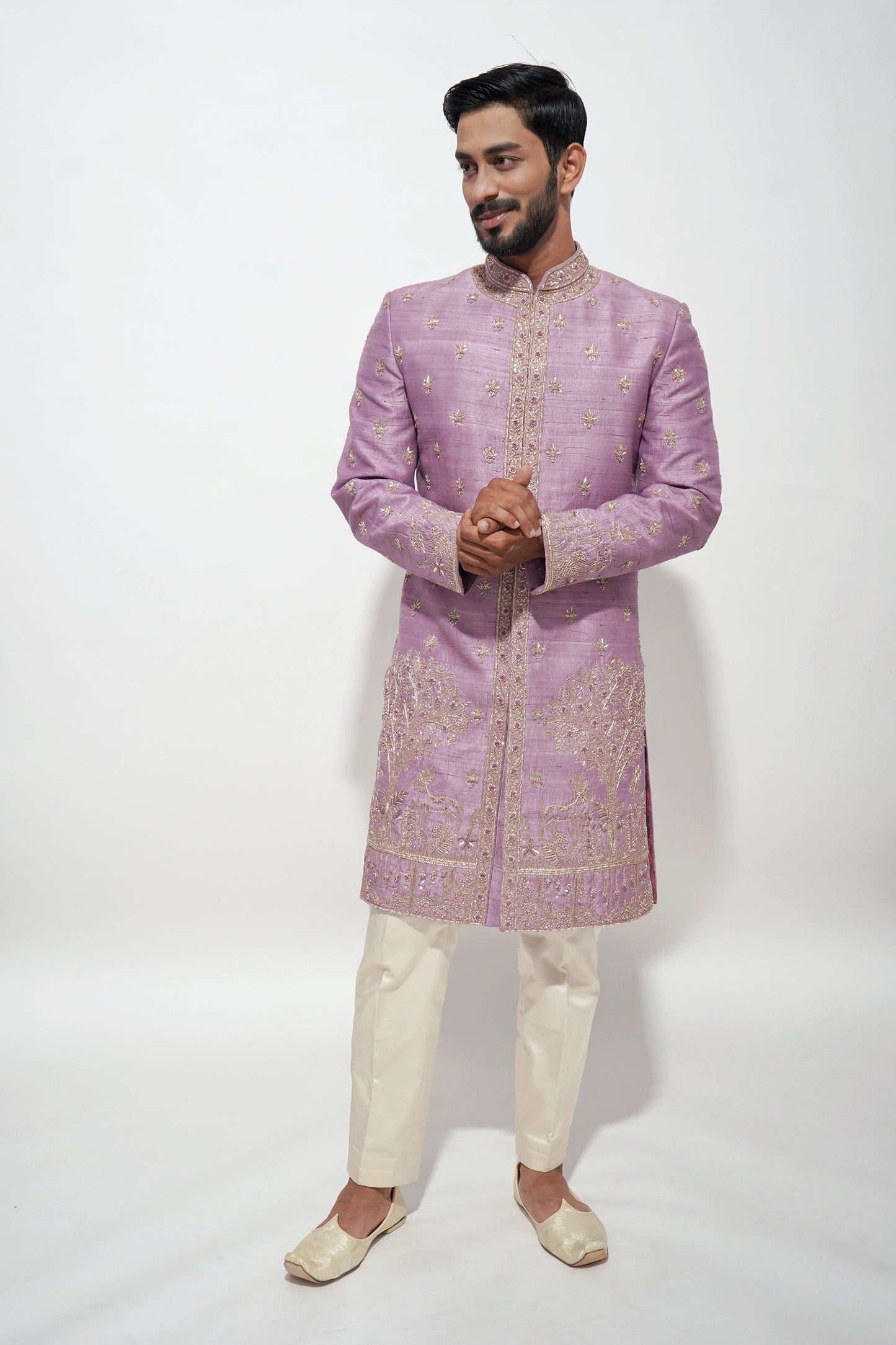Onion pink designer embroidered sherwani
