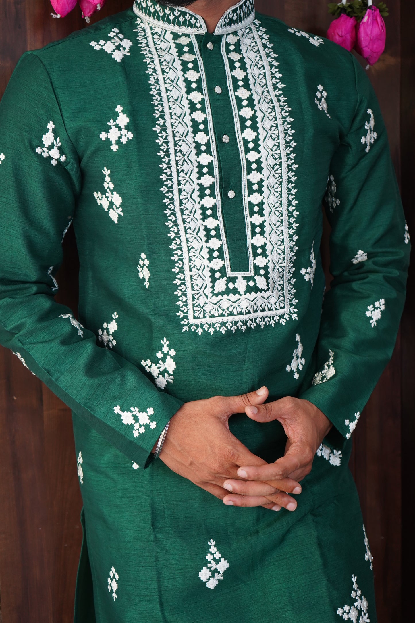 Bottle Green Embroidered Kurta