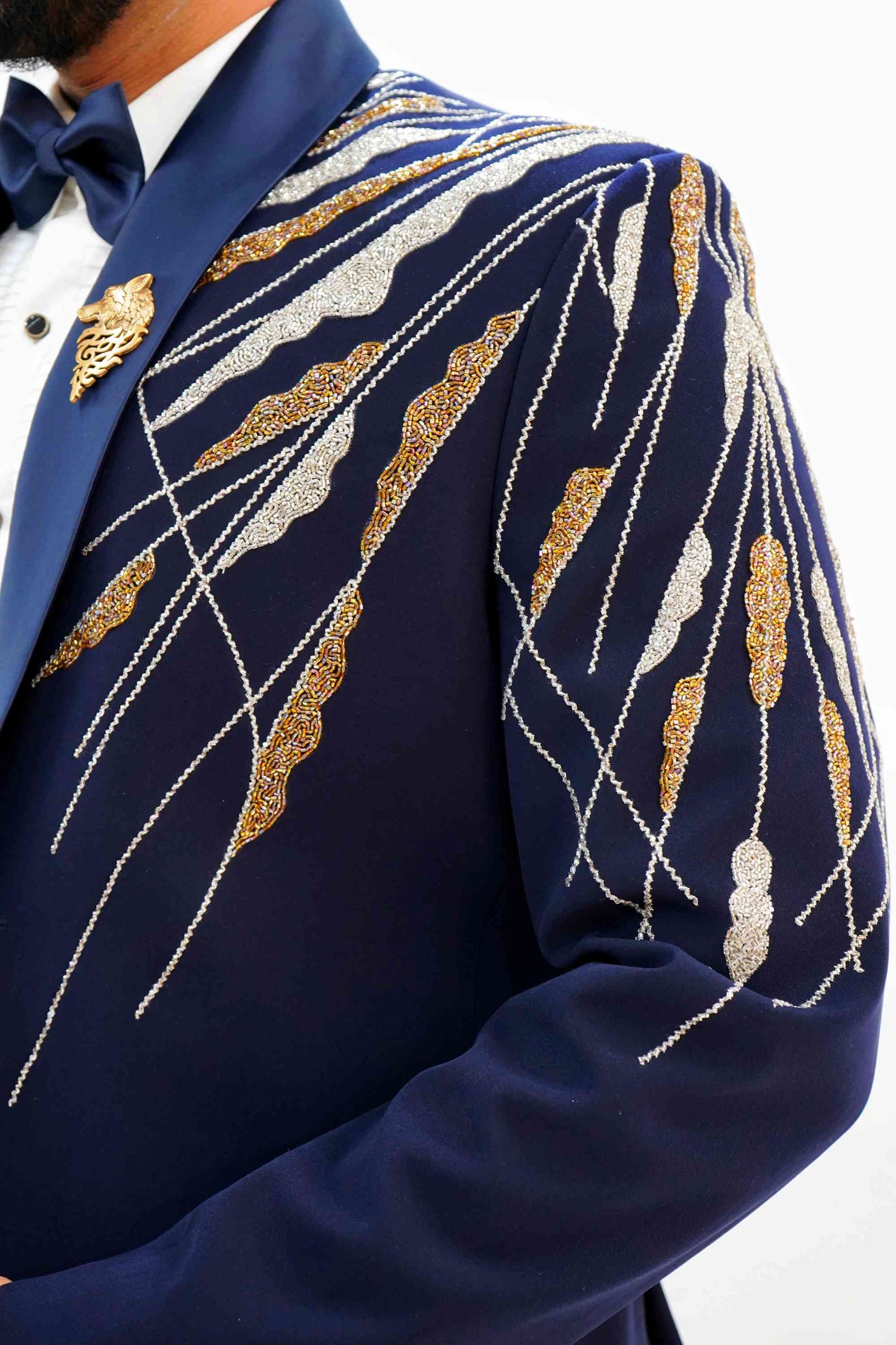 Diagonal embroided ink blue tuxedo with trouser