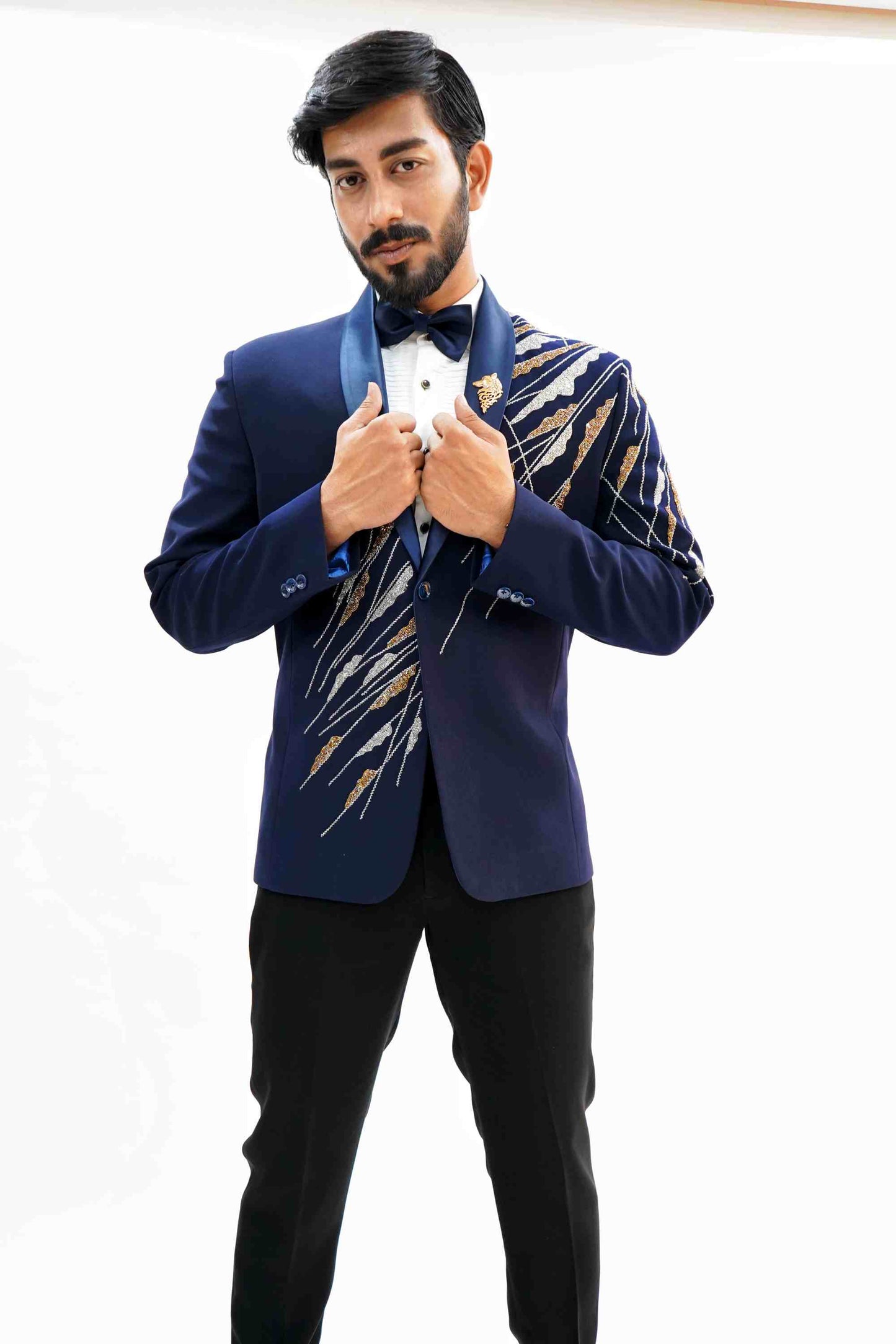Diagonal embroided ink blue tuxedo with trouser