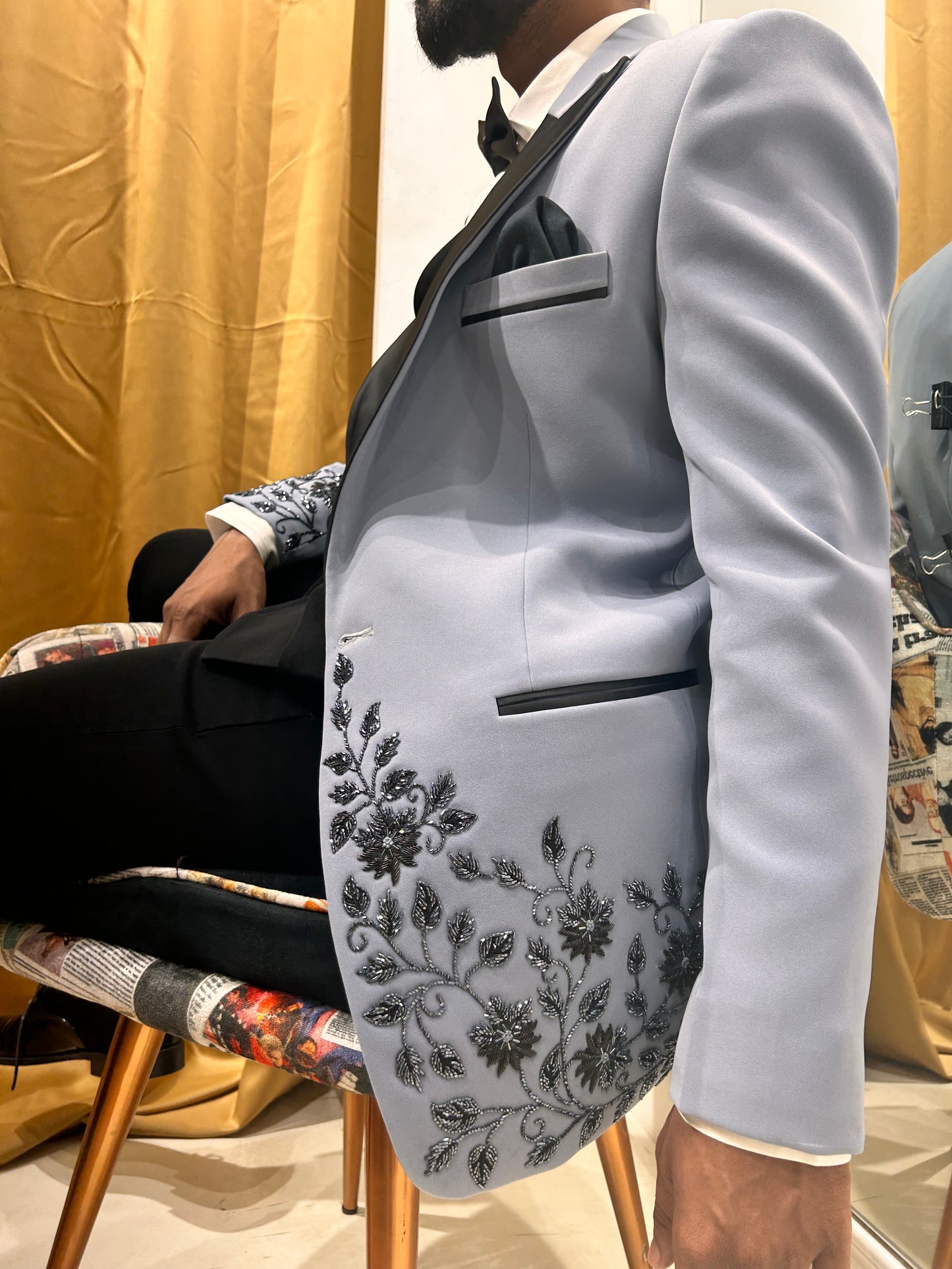 Grey Floral embroidered Tuxedo with Trousers