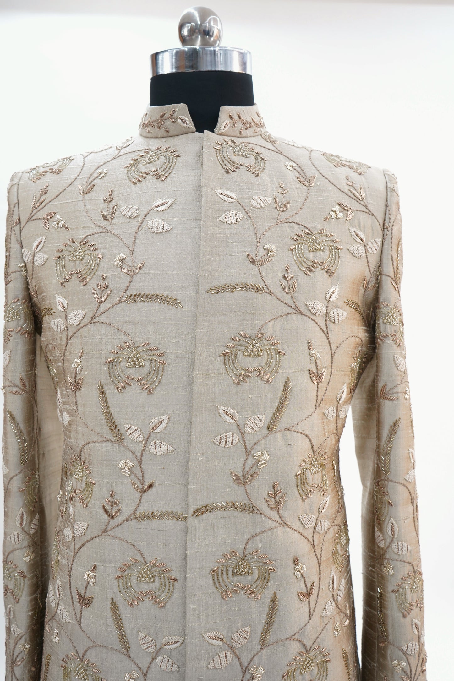 Pure raw silk handcrafted beige sherwani