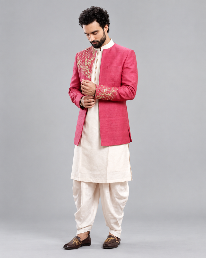 Men’s Festive Rose Pink Embroidered Indo western Jacket Set