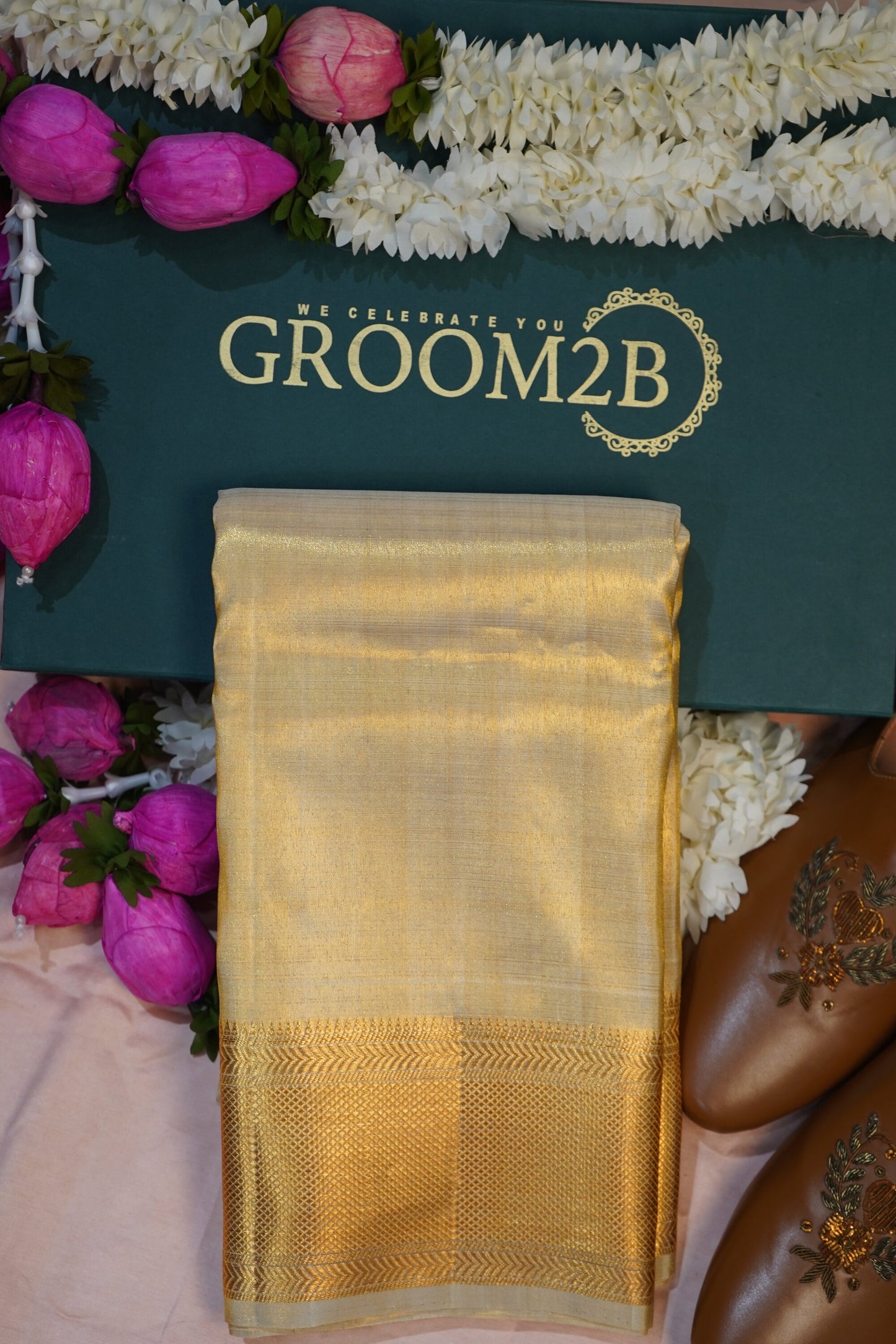 Men’s Tissue Pattu Pancha in Sandal wood Gold Set
