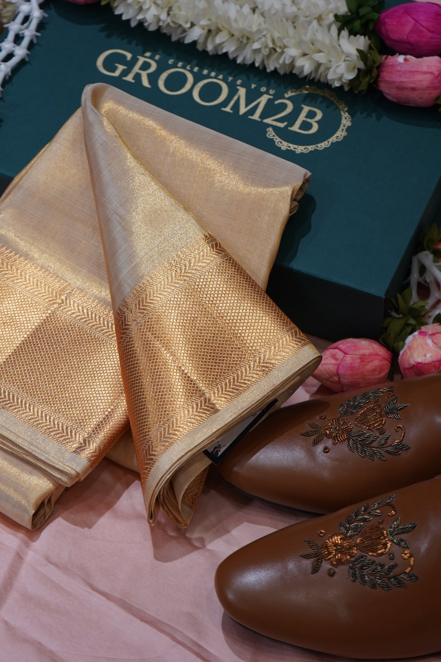 Men’s Tissue Pattu Pancha in Sandal wood Gold Set