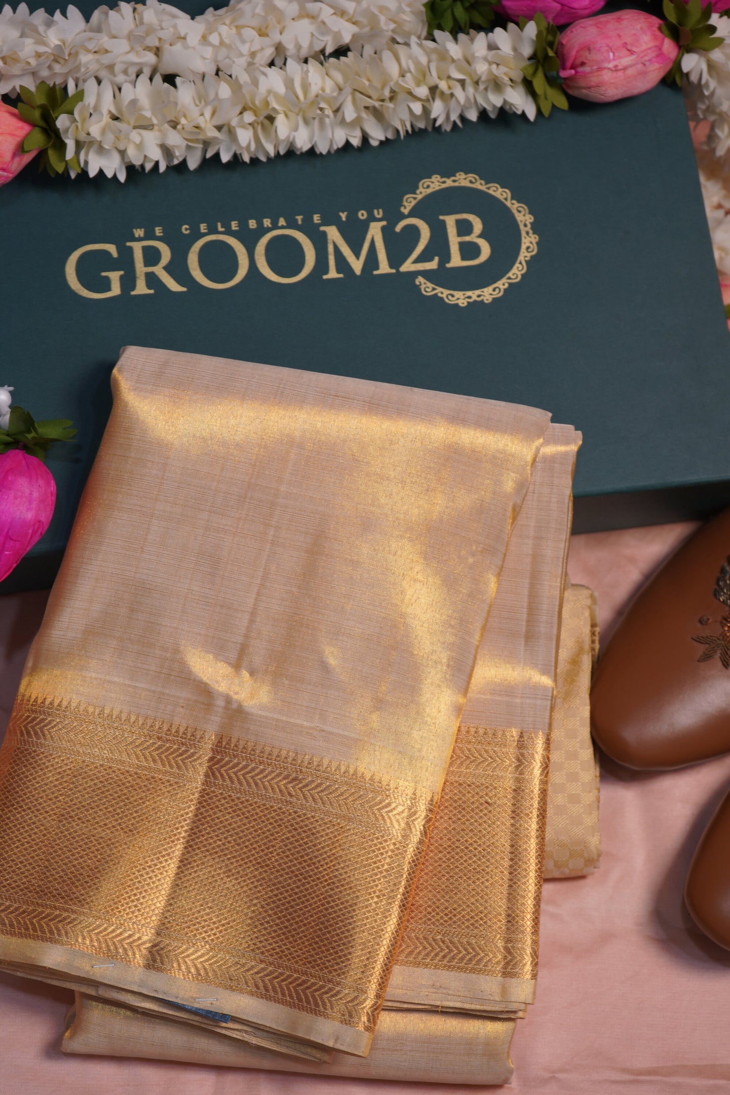 Men’s Tissue Pattu Pancha in Sandal wood Gold Set