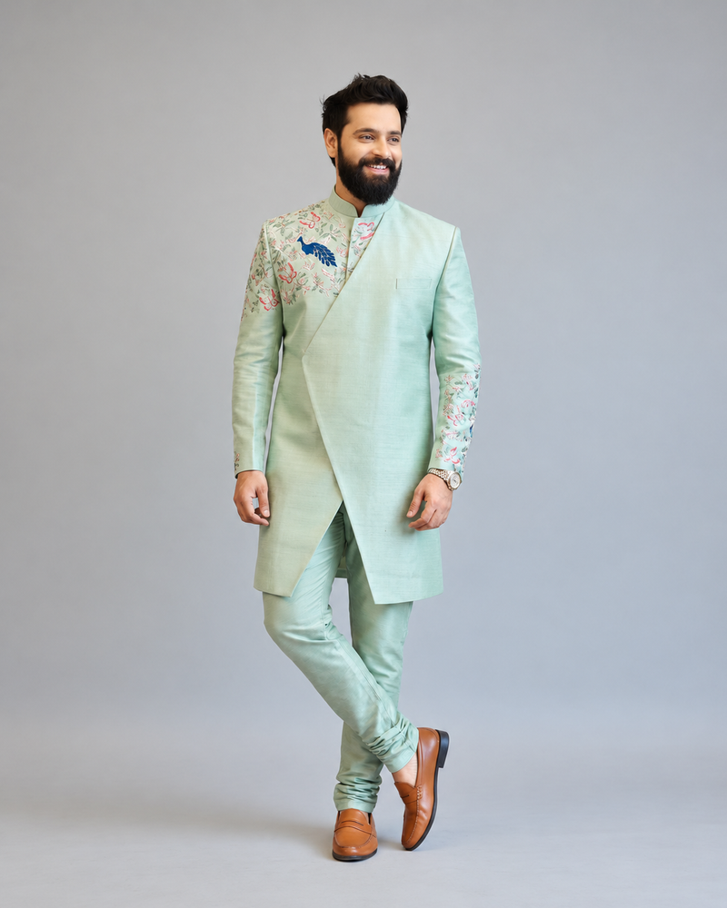 Mint Green Embroidered Indo-Western Suit for Men – Designer Wedding & Festive Wear