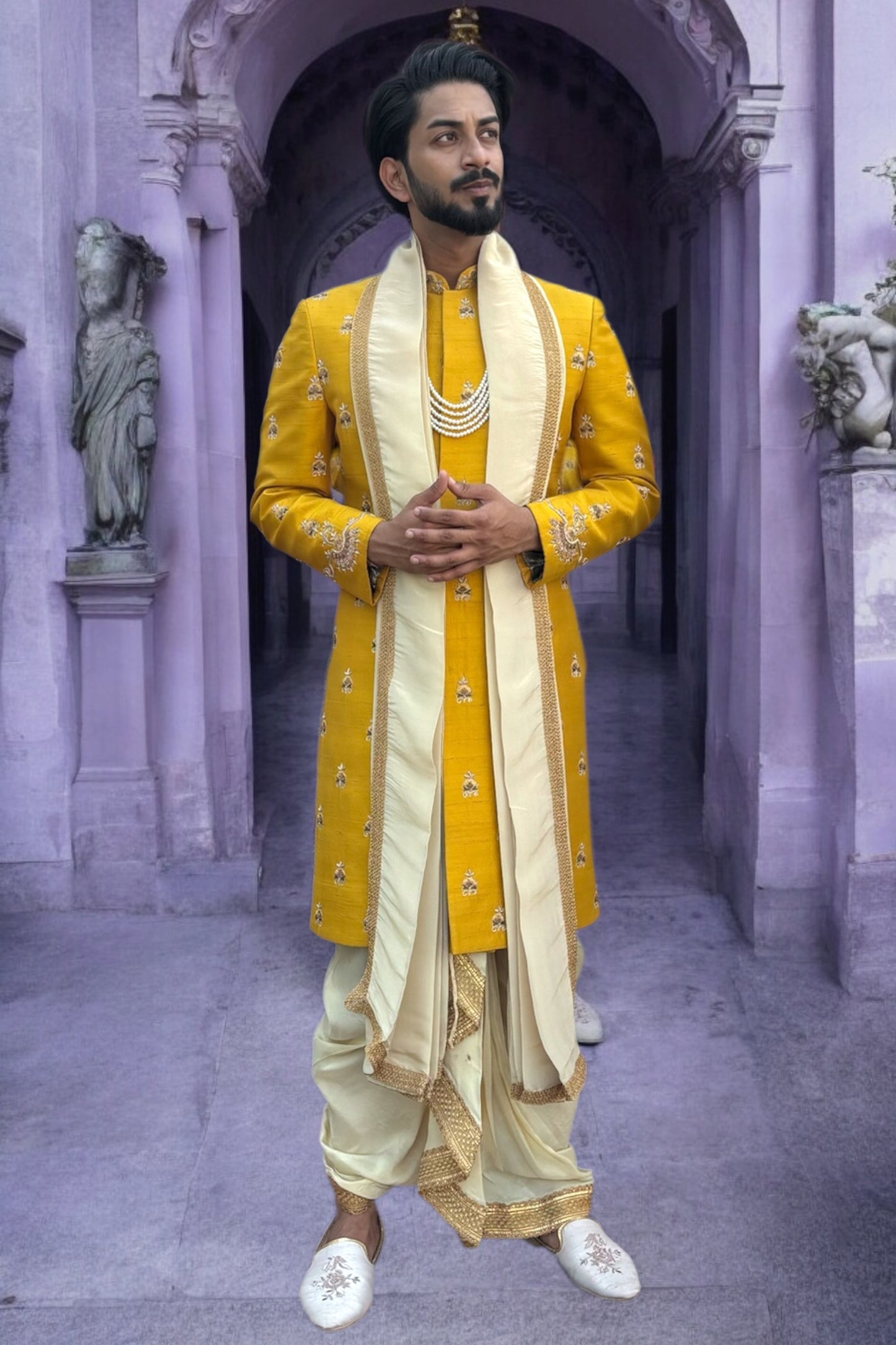 Mustard Yellow Sherwani with boota work