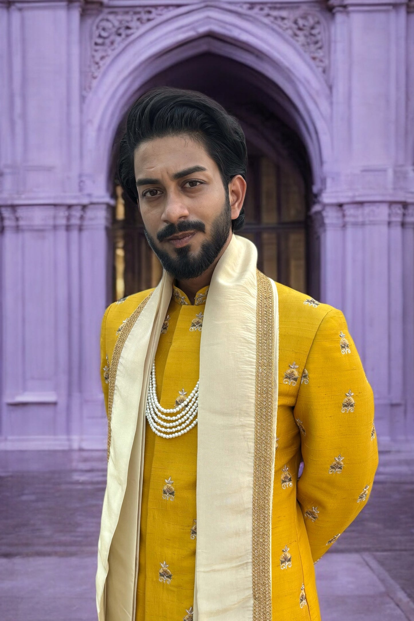 Mustard Yellow Sherwani with boota work