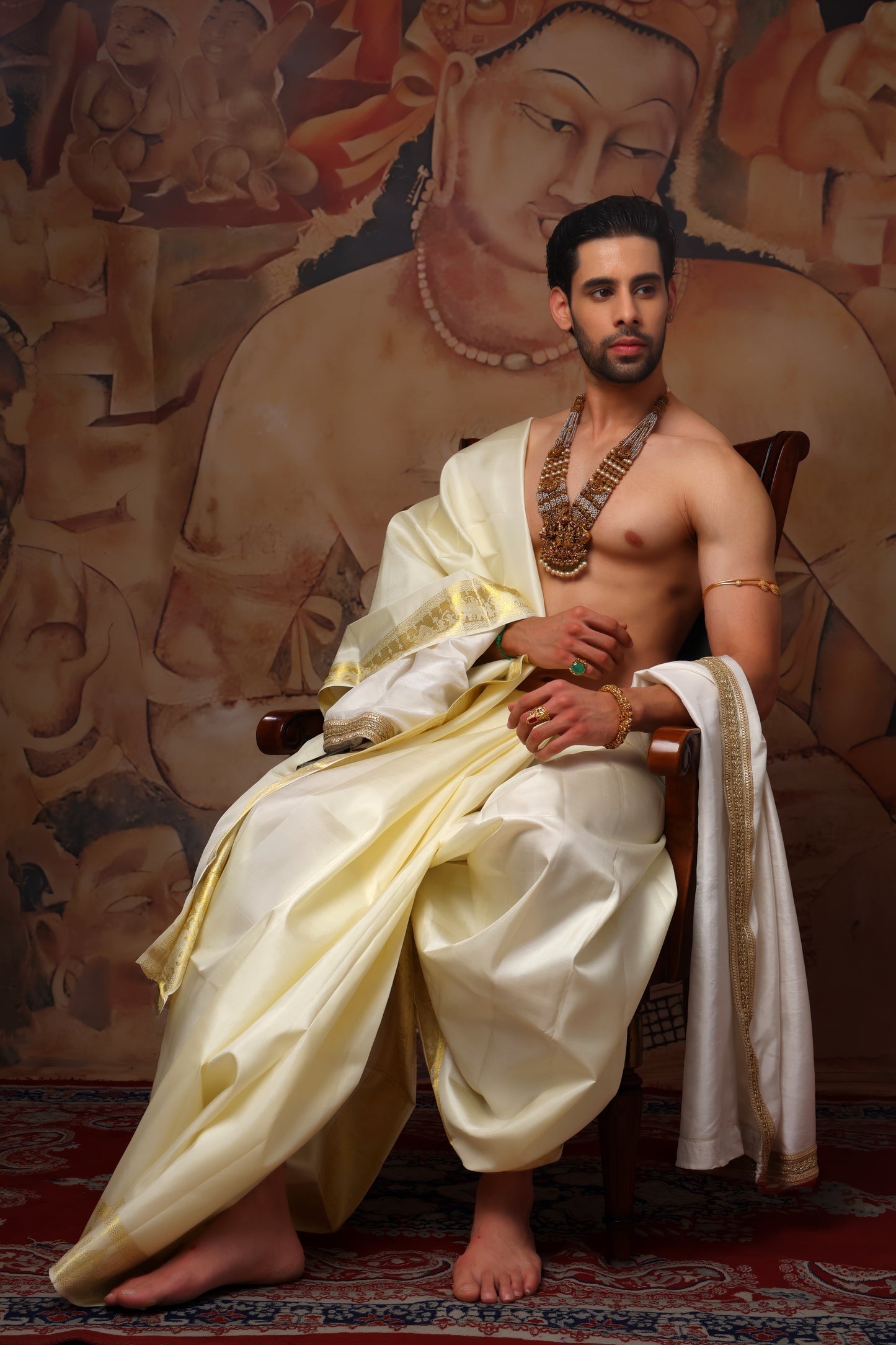 Off-white pure pattu pancha set with zari and resham embroidery