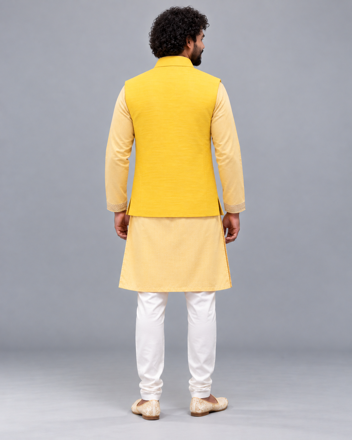Lemon Yellow Floral Embroidered Nehru Jacket