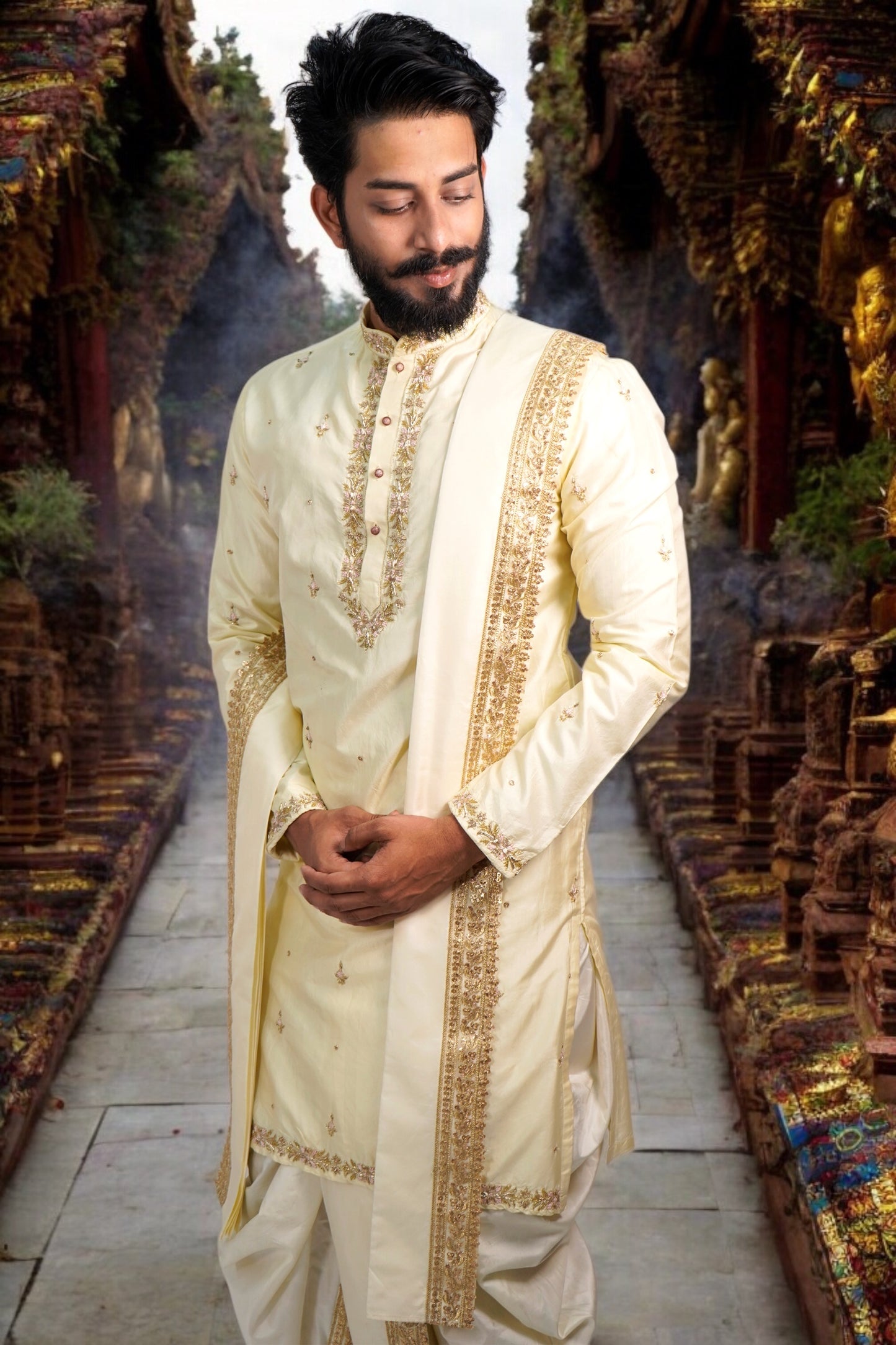 Yellow Cream all Over Embroided Pure Pattu Kurta Set