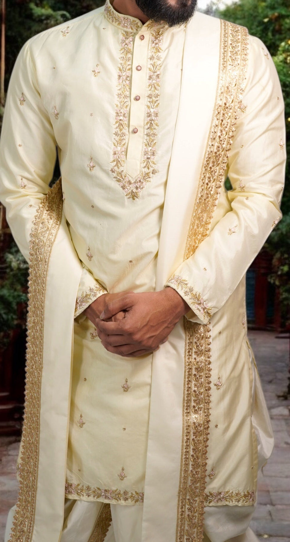 Yellow Cream all Over Embroided Pure Pattu Kurta Set