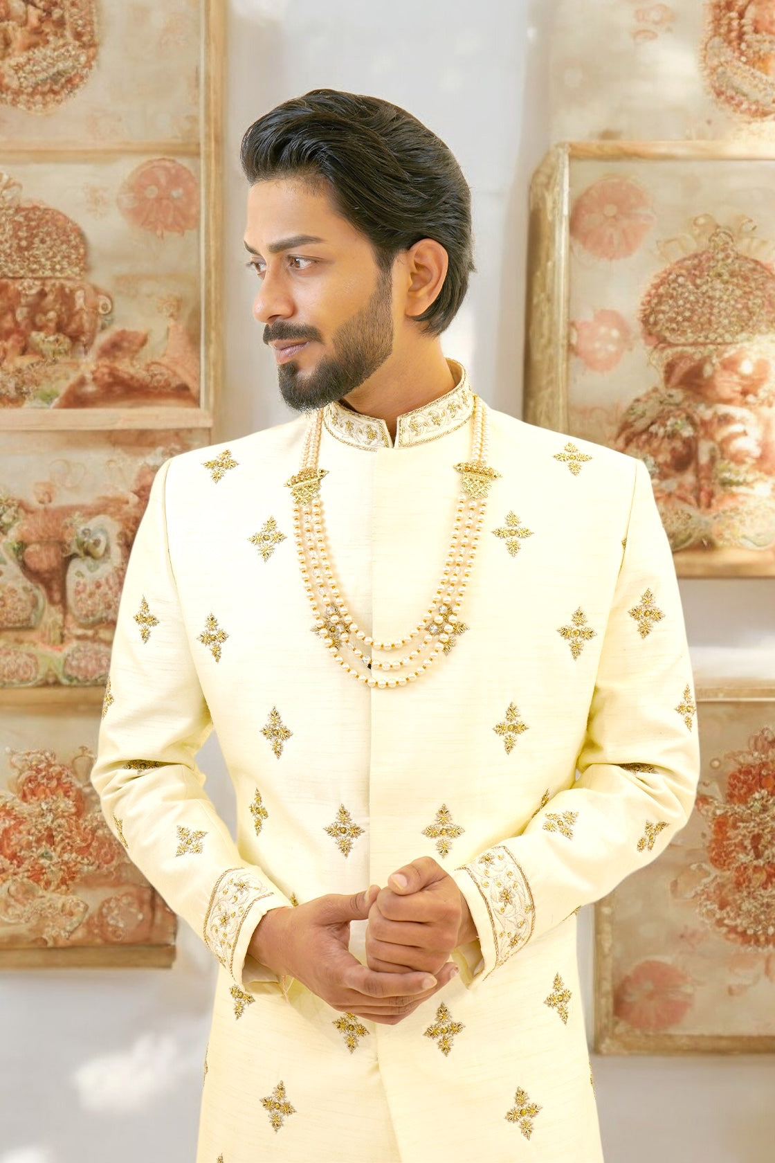 Off-white pure raw silk sherwani with zardozi work
