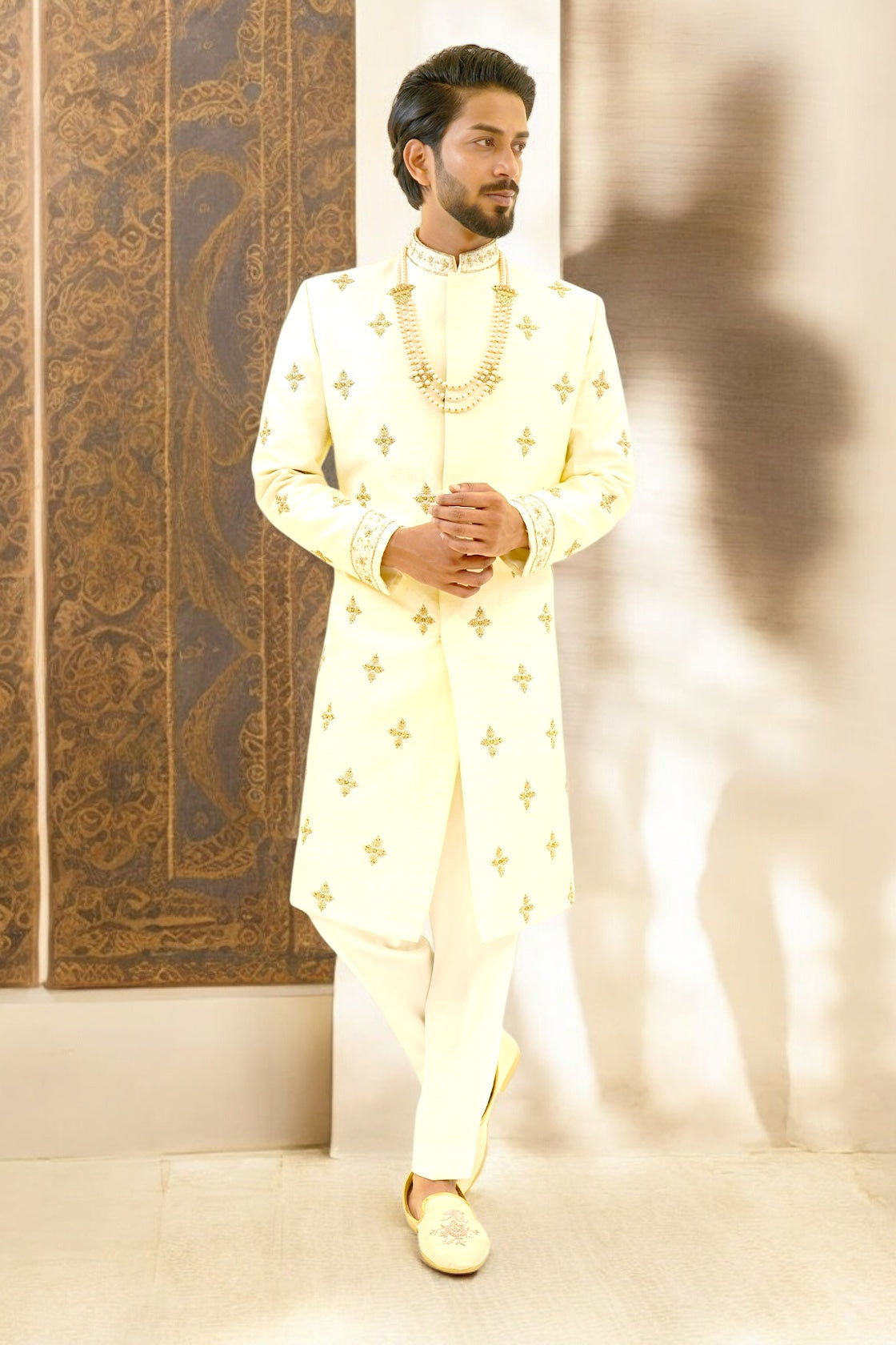 Off-white pure raw silk sherwani with zardozi work