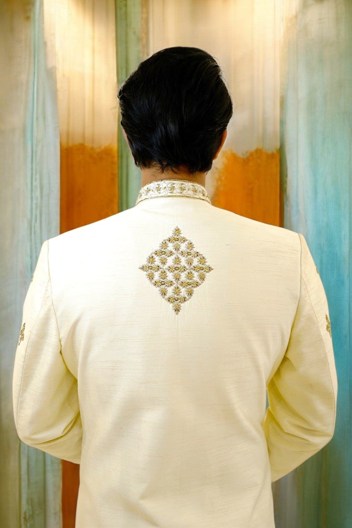 Off-white pure raw silk sherwani with zardozi work