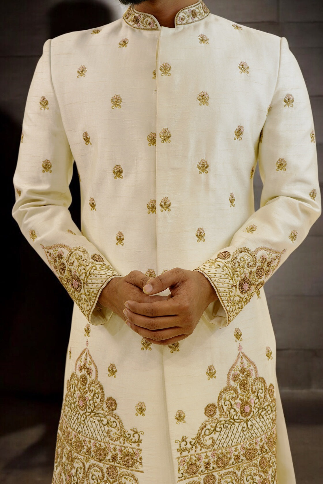 Heavy hem work Sherwani with bootas