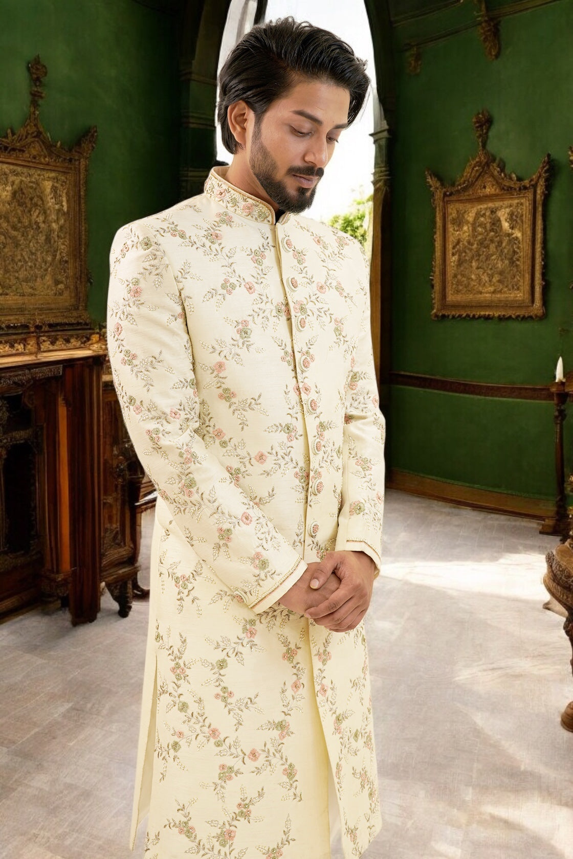 Sherwani with embroided floral veins
