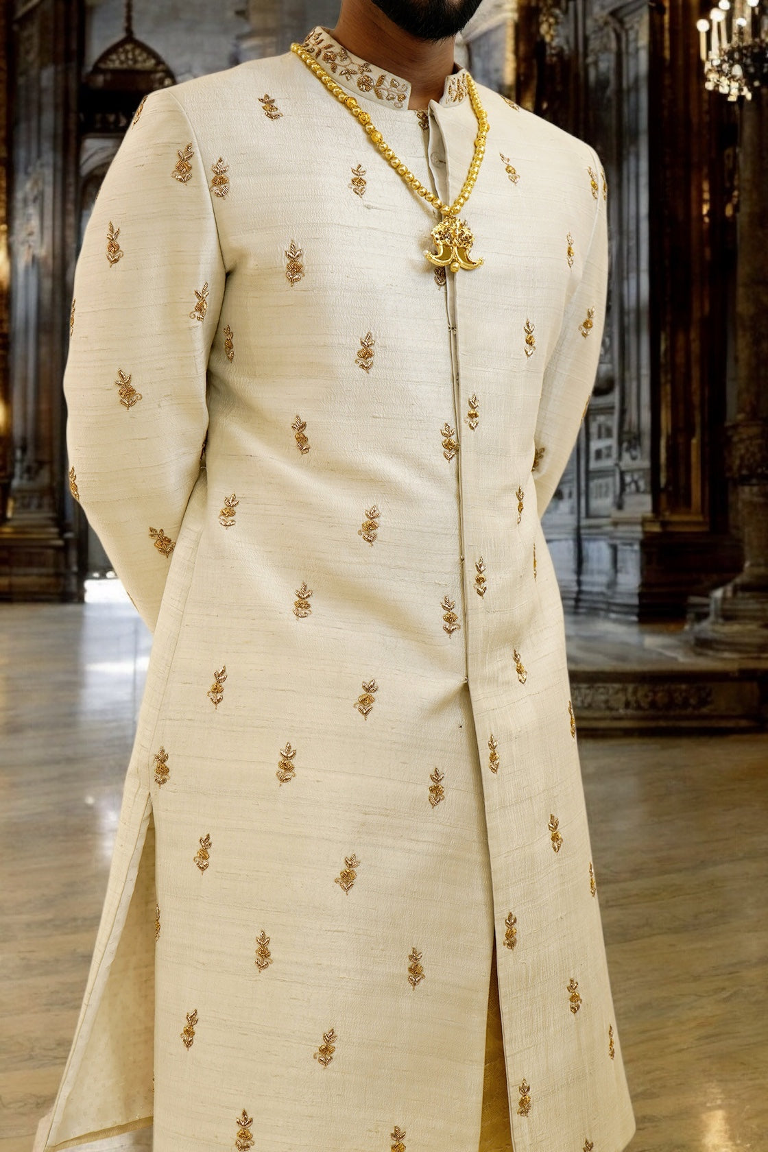 Pure raw silk traditional sherwani with zardozi work