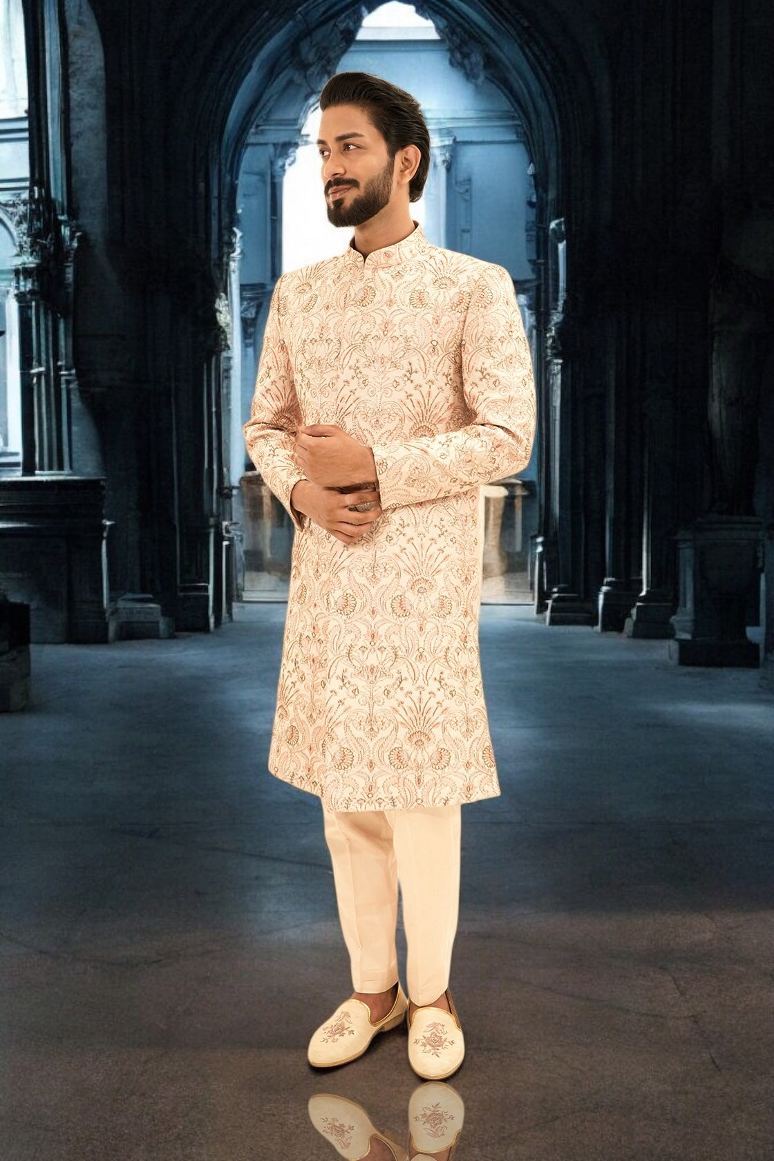 Hand Highlighted Self Embroided Sherwani