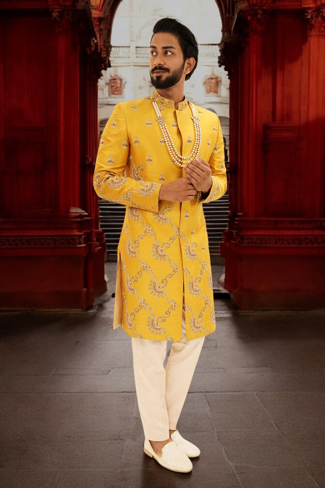 Mustard Yellow Pure Raw Silk Sherwani Set with Zardosi Butta Work