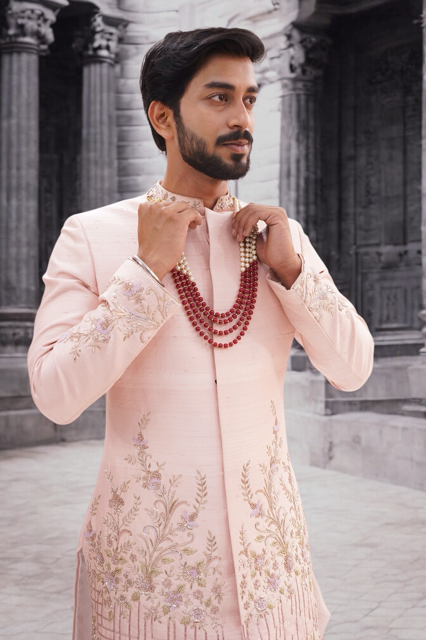 Blush Pink Pure Raw Silk Sherwani Set with Bordered Zardosi Work