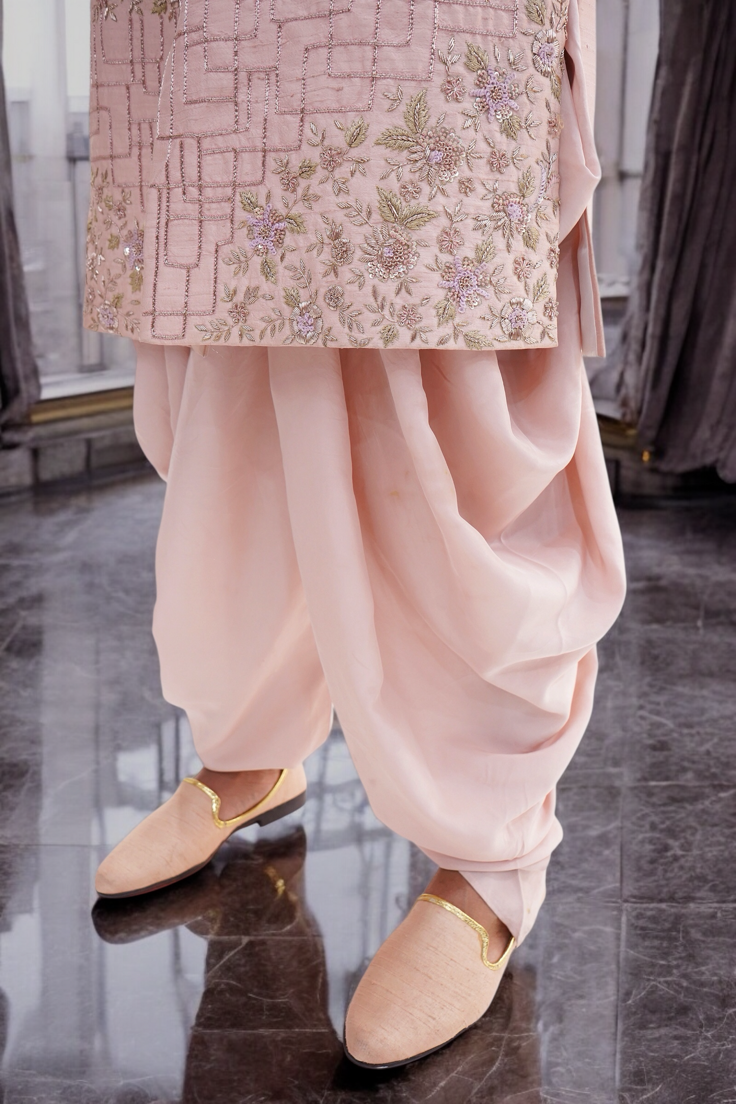 Blush Pink Pure Raw Silk Sherwani Set with Bordered Zardosi Work