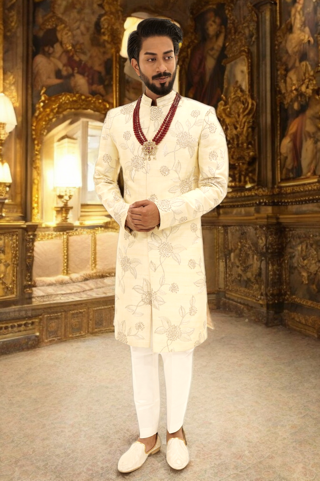 Silver Zari FLoral Work Sherwani
