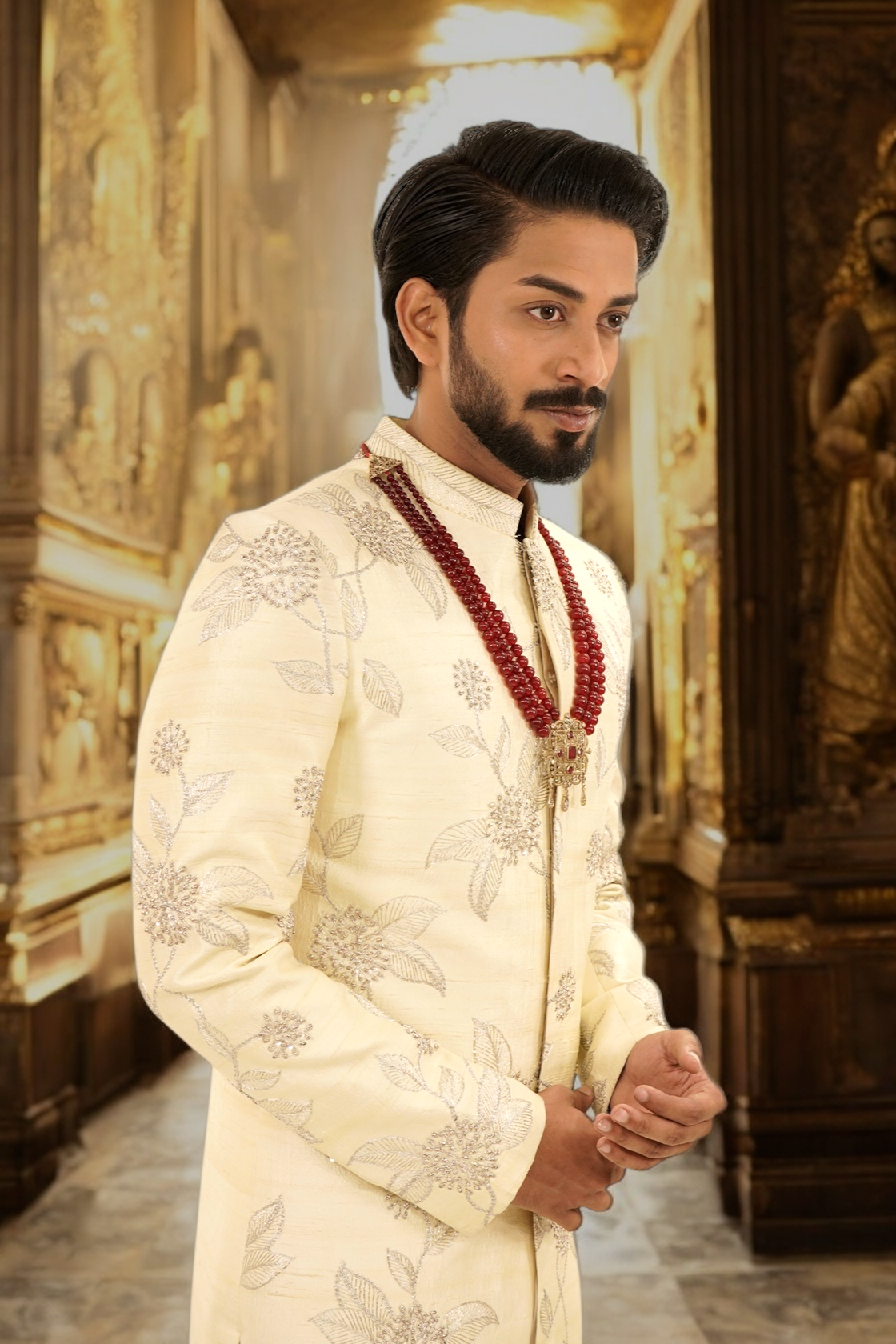 Silver Zari FLoral Work Sherwani