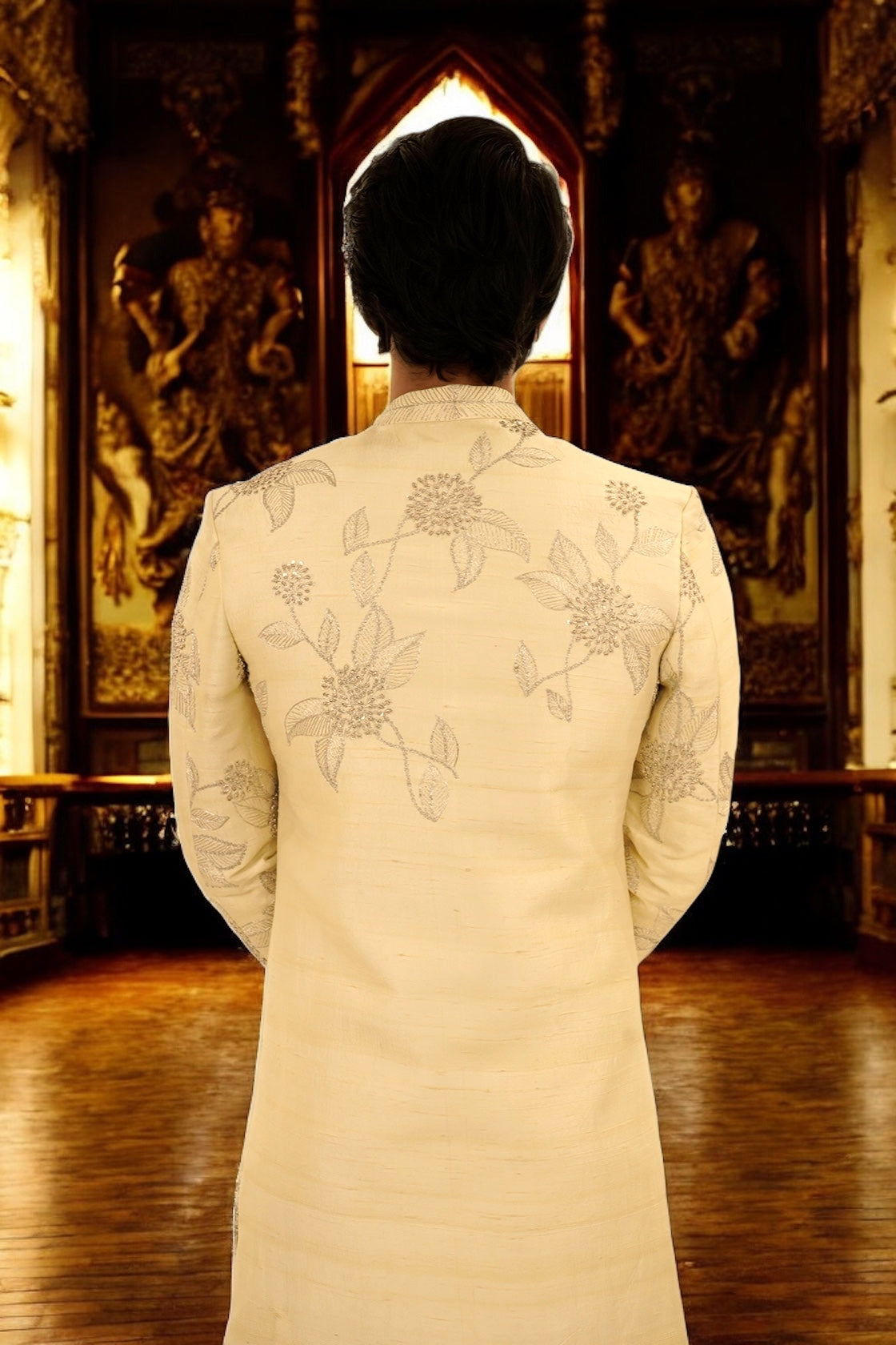 Silver Zari FLoral Work Sherwani