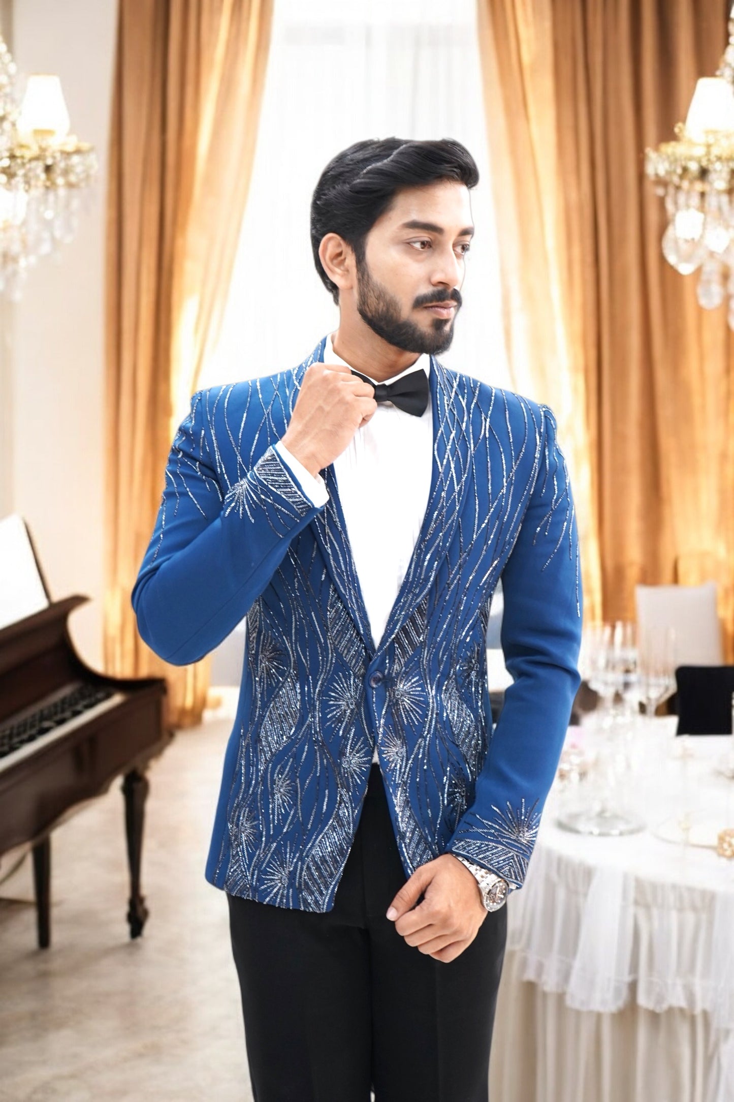 Persian Blue Wool Crepe 2-Piece Tuxedo with Cutdana Work