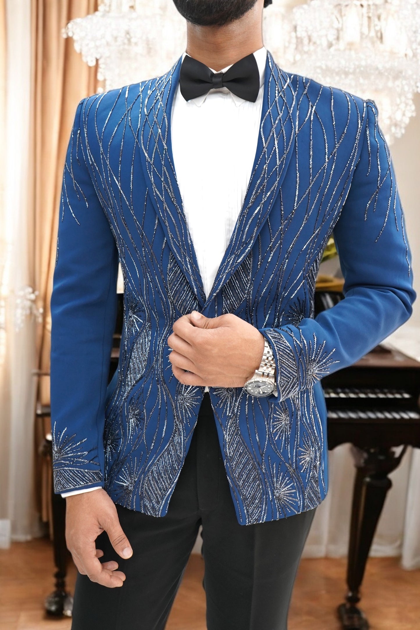 Persian Blue Wool Crepe 2-Piece Tuxedo with Cutdana Work