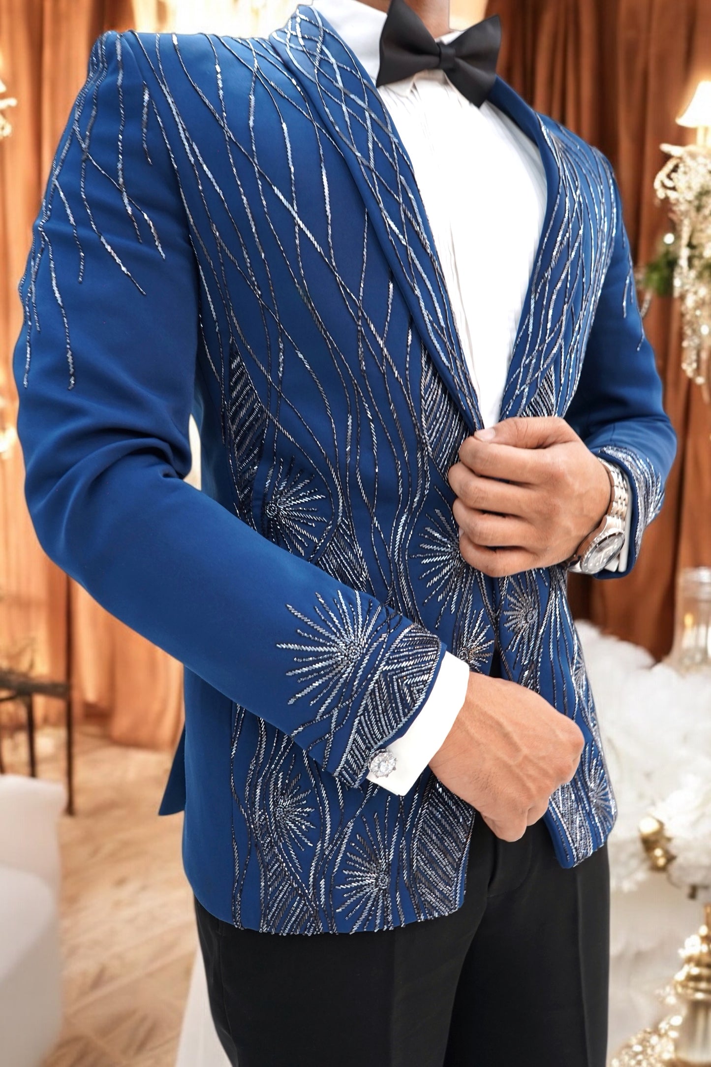 Persian Blue Wool Crepe 2-Piece Tuxedo with Cutdana Work