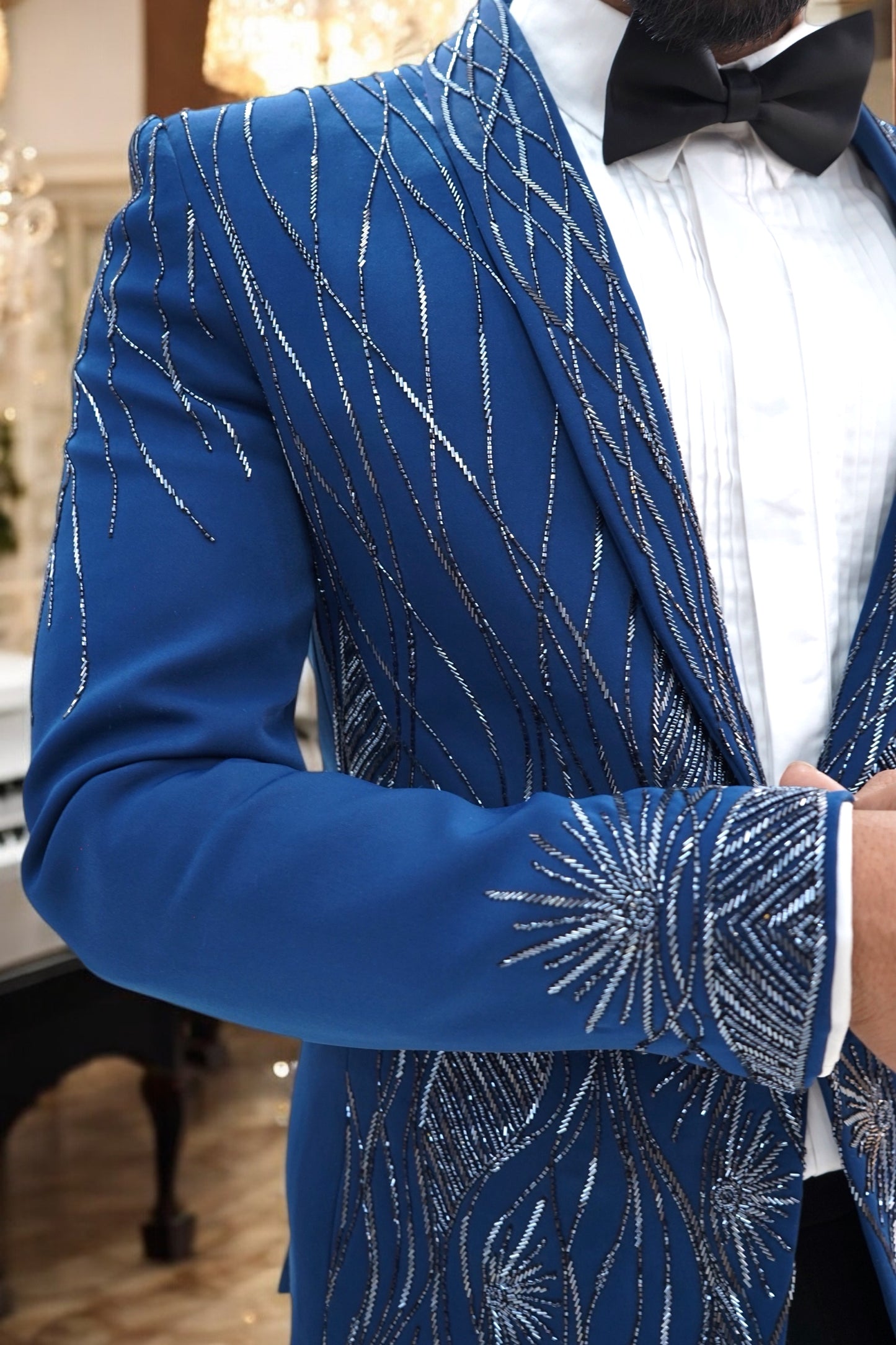 Persian Blue Wool Crepe 2-Piece Tuxedo with Cutdana Work