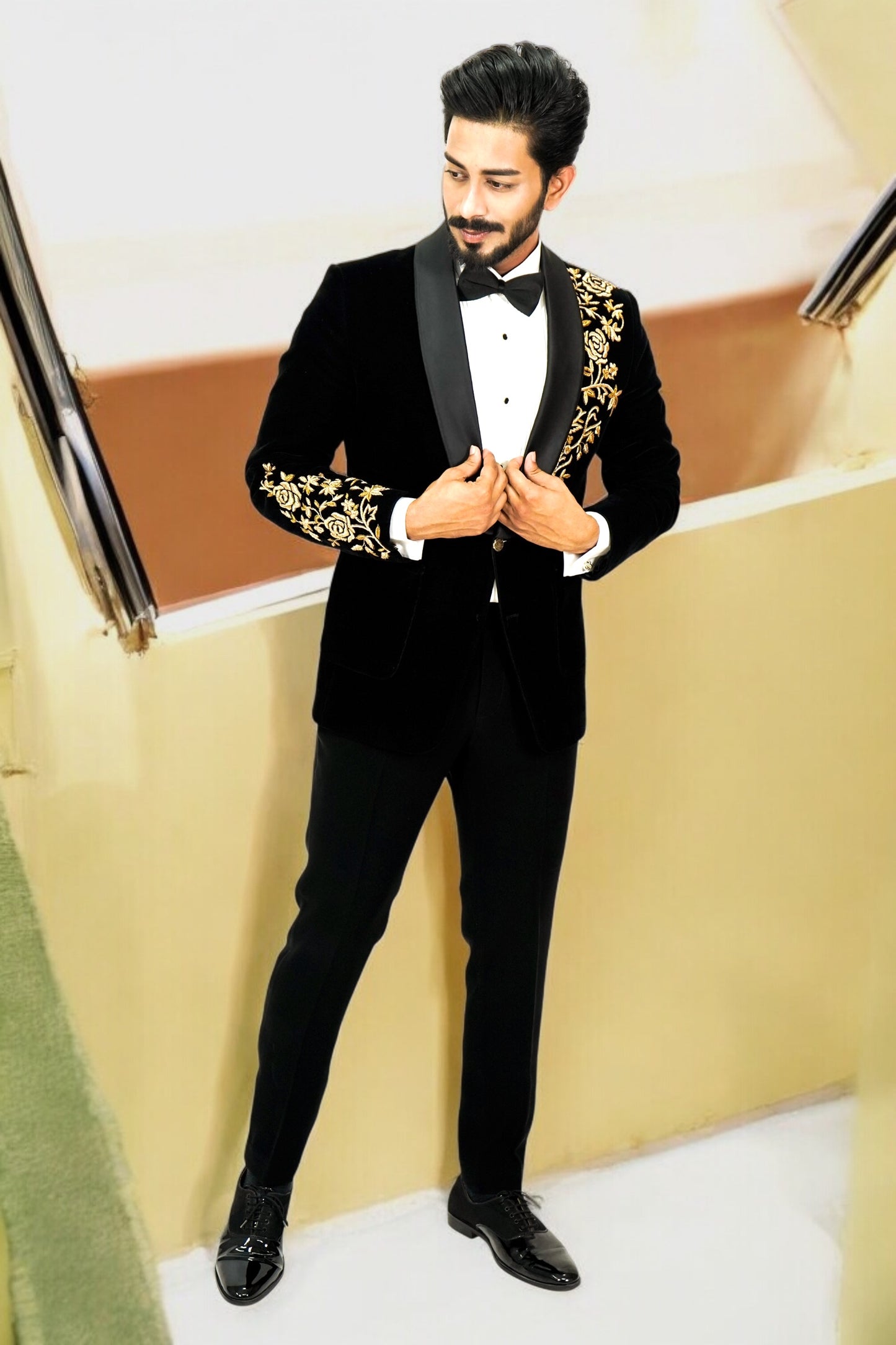 Black Velvet 2 piece Tuxedo with golden zardosi embroidery
