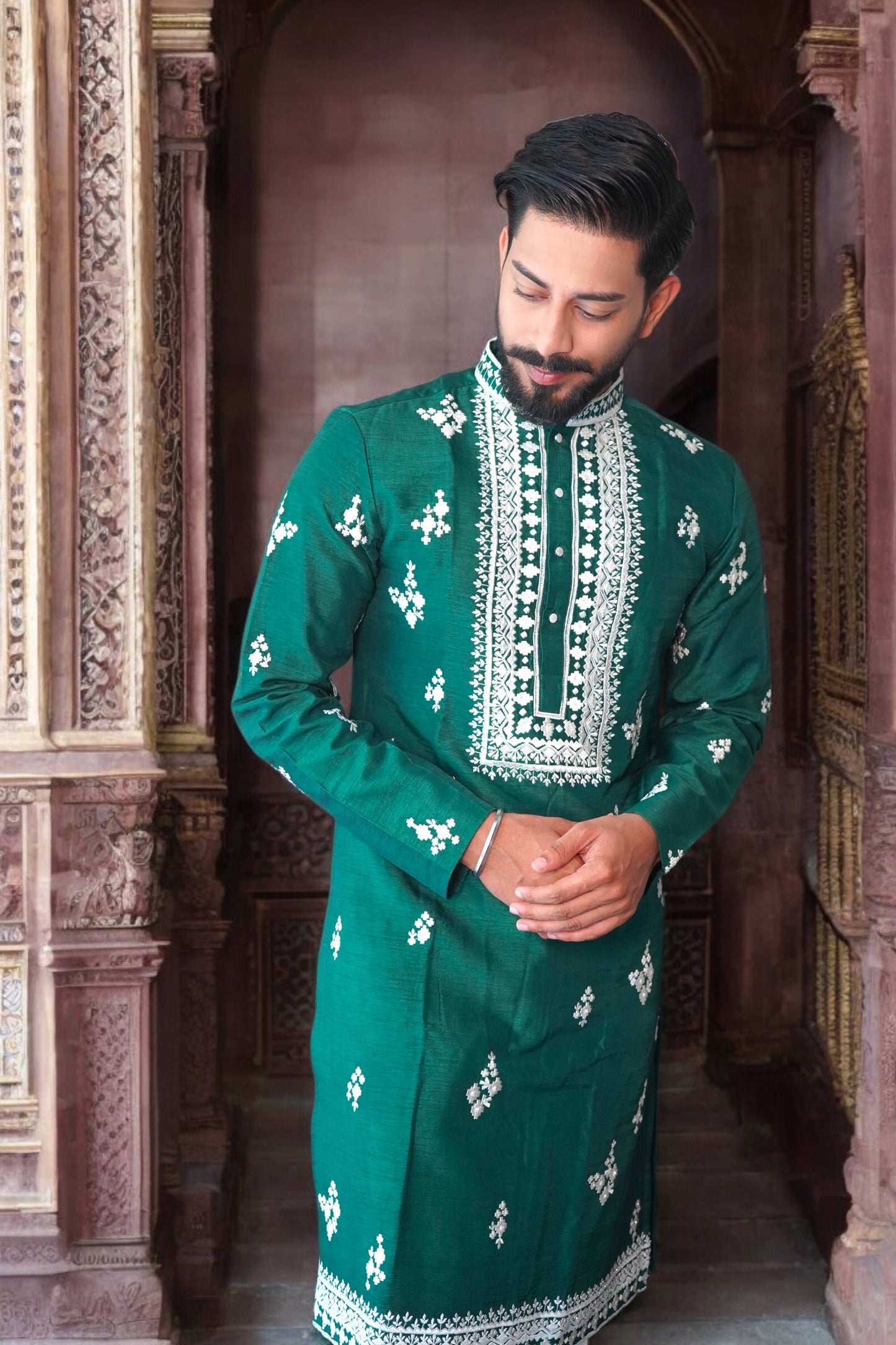 Bottle Green Embroidered Kurta