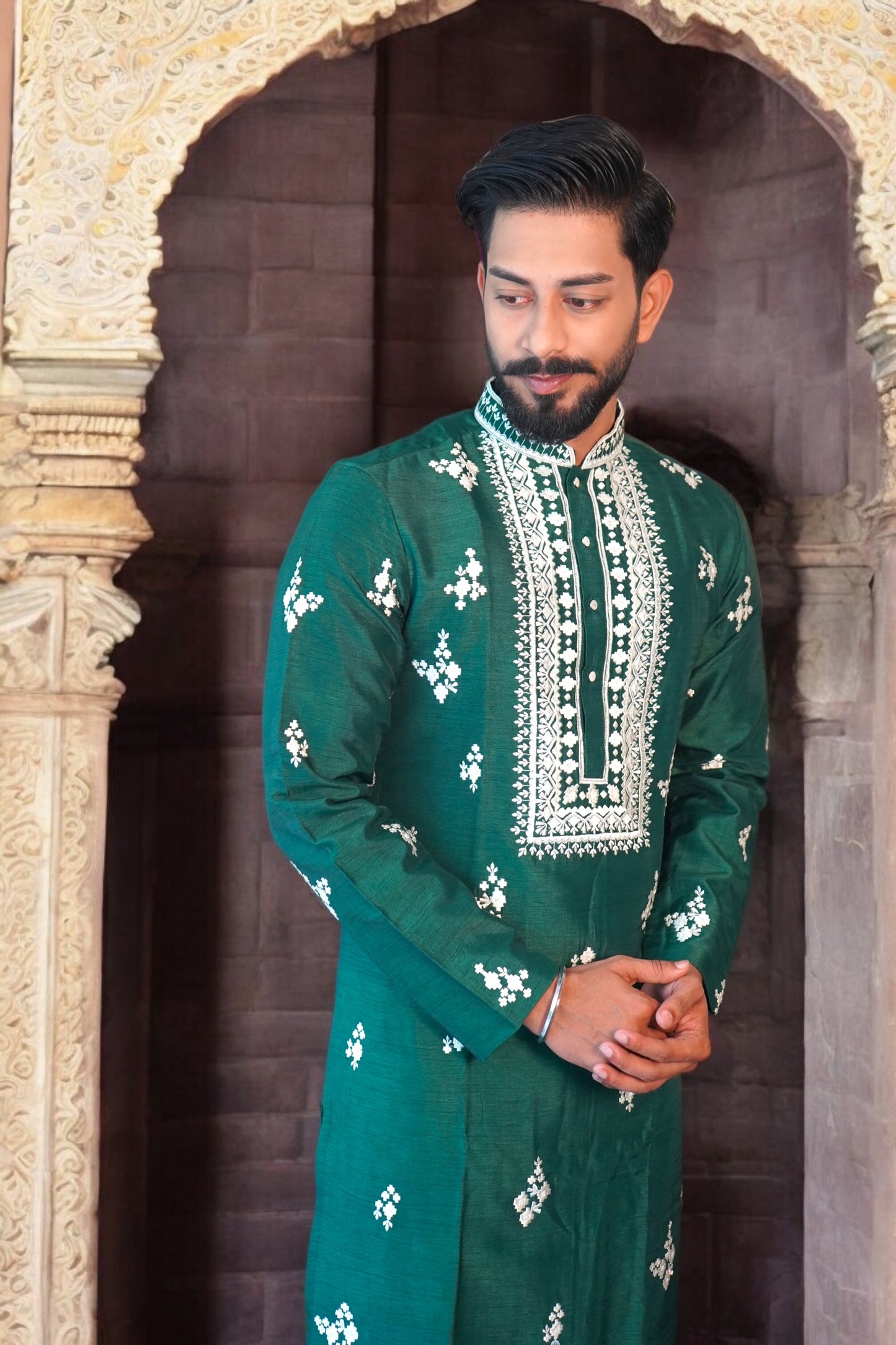 Bottle Green Embroidered Kurta