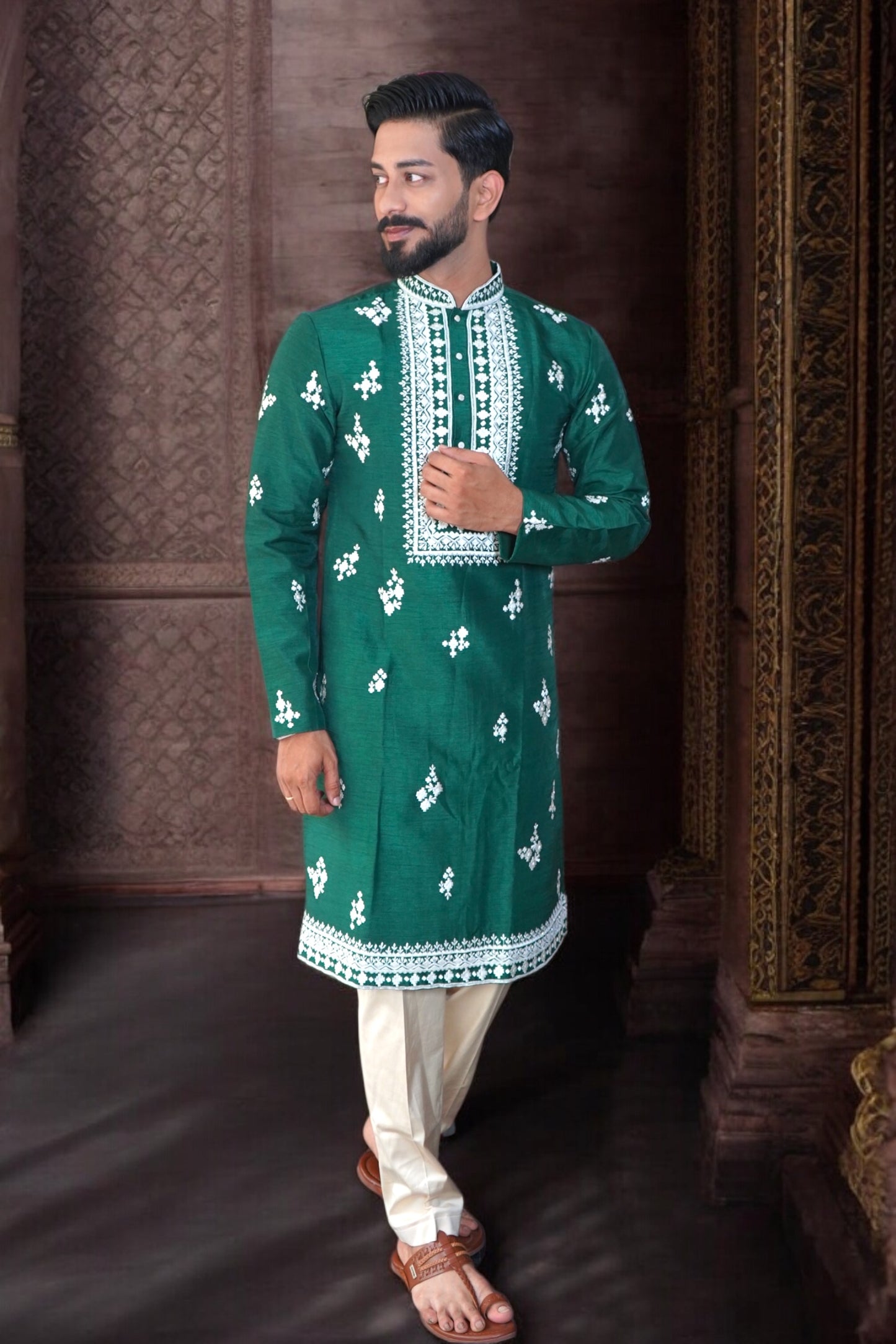 Bottle Green Embroidered Kurta