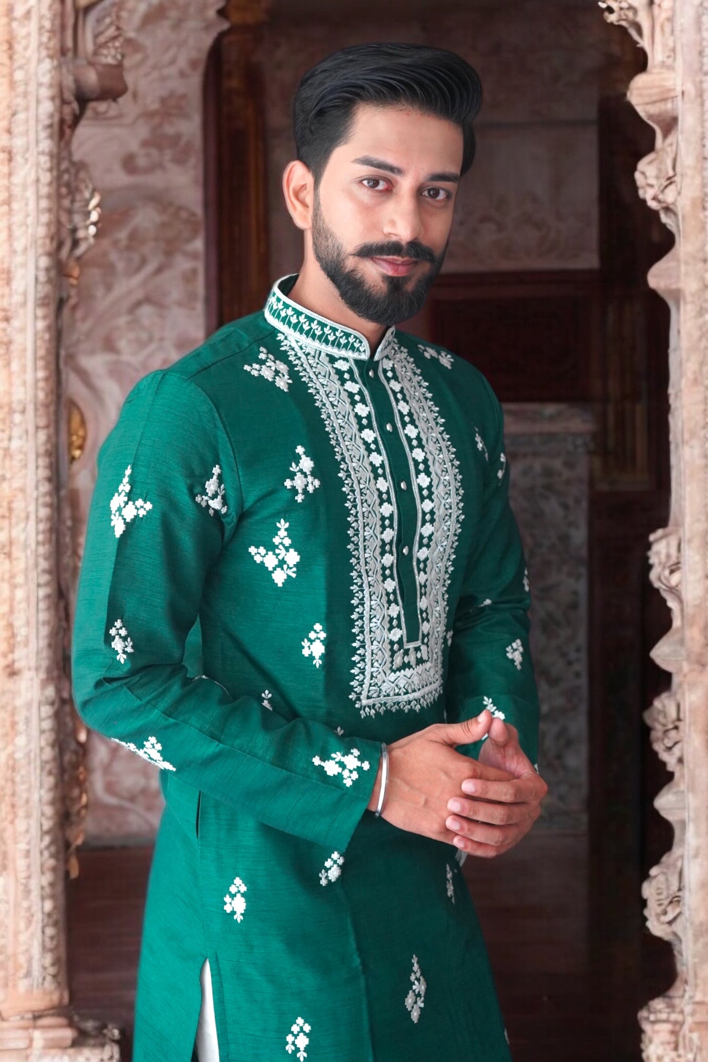Bottle Green Embroidered Kurta