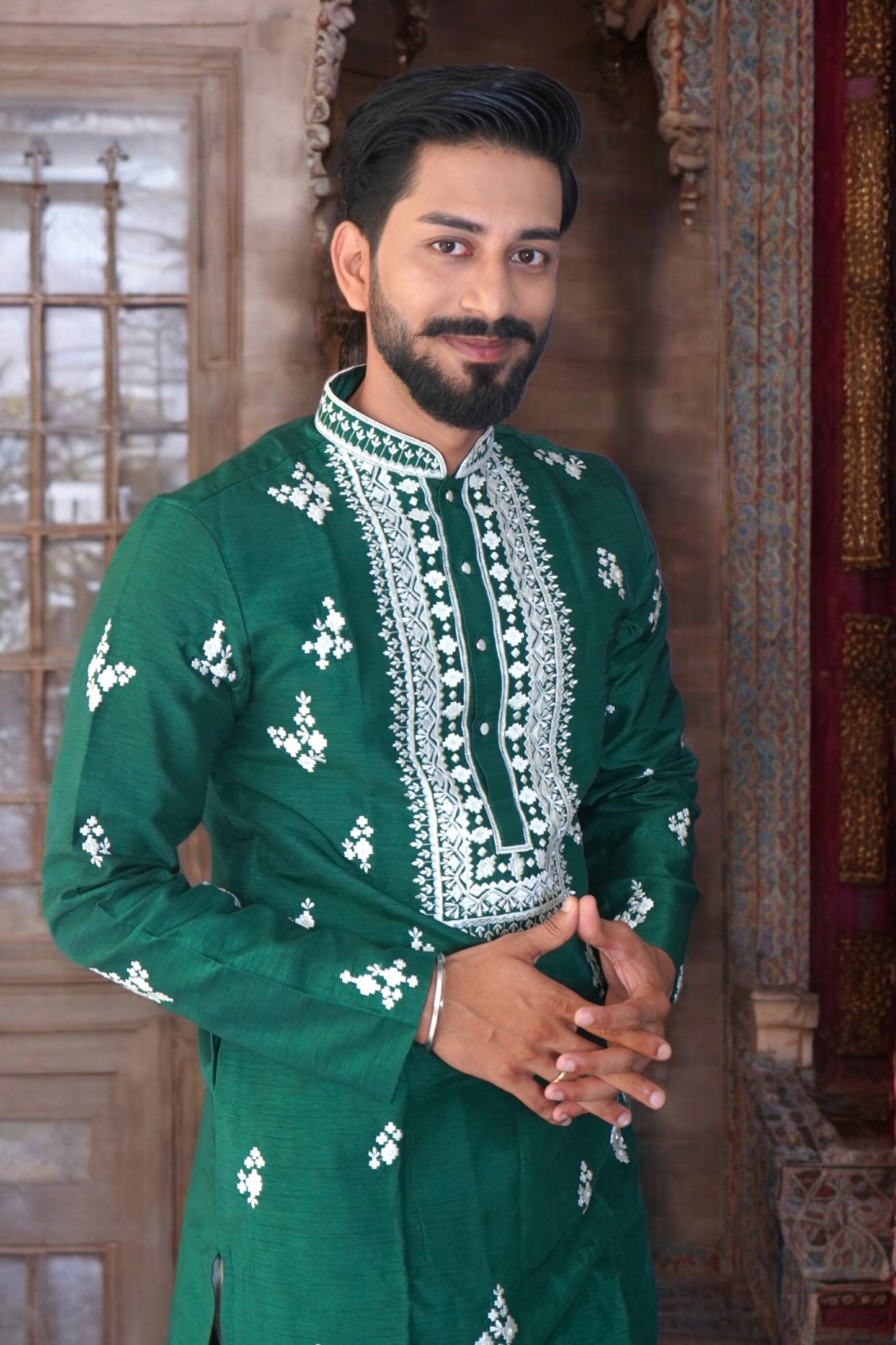 Bottle Green Embroidered Kurta