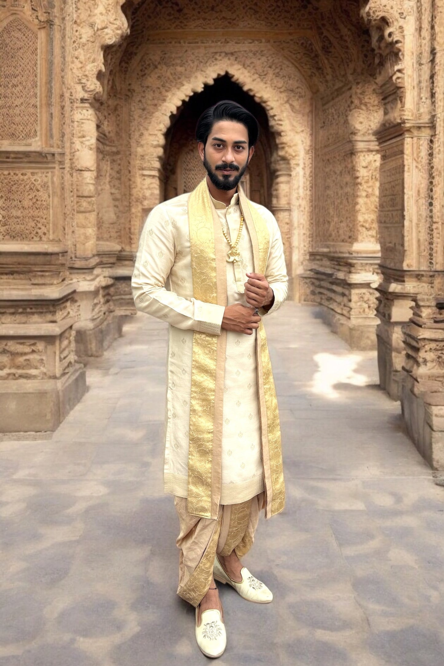 Self Textured Boota Semi-Pattu Set