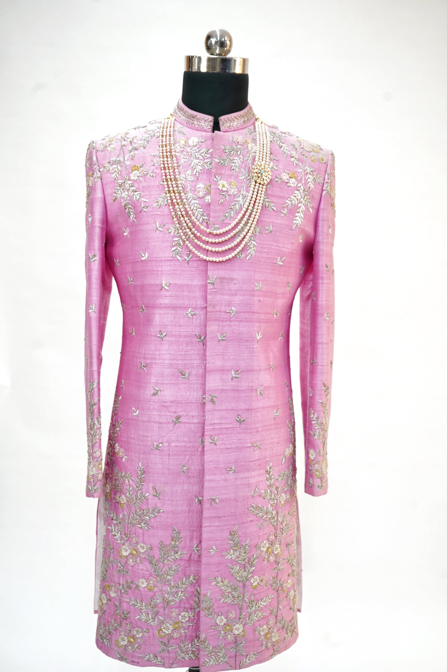 Medium pink silver and gold zardozi work sherwani