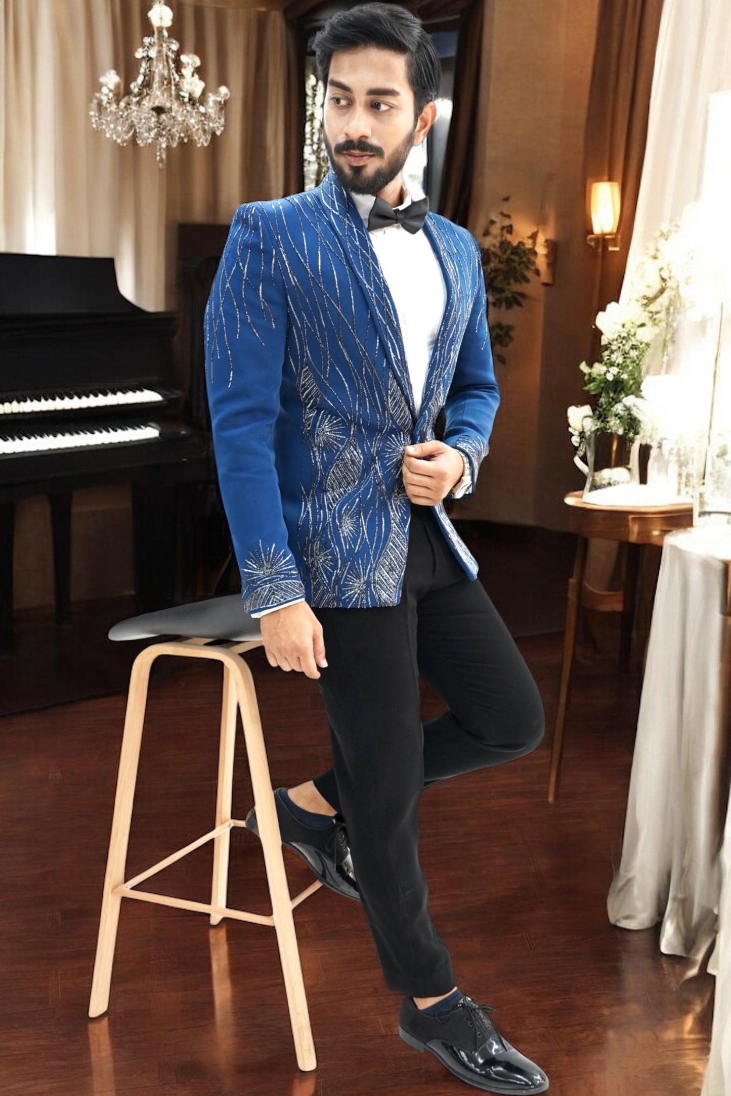Persian Blue Wool Crepe 2-Piece Tuxedo with Cutdana Work