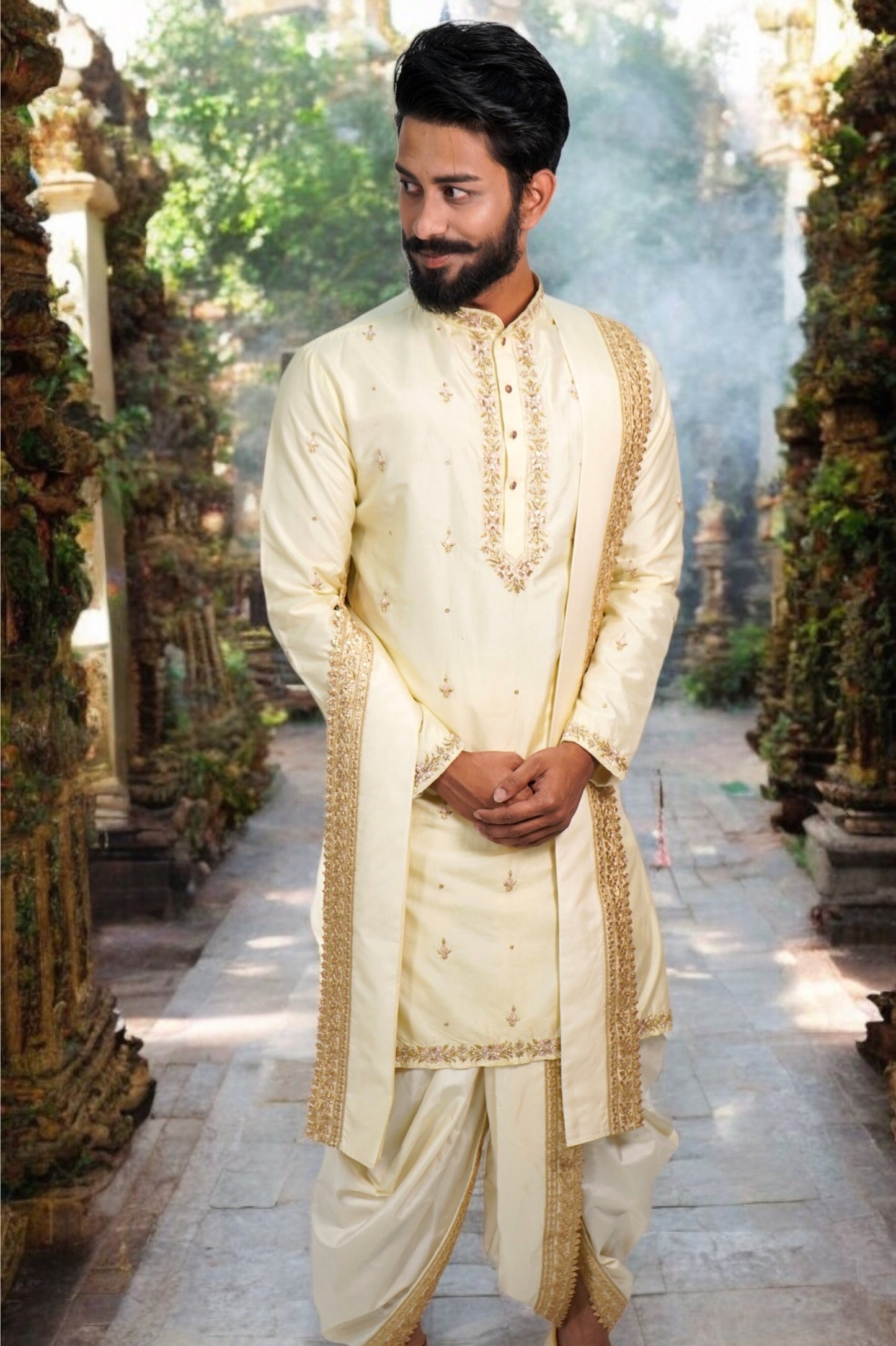 Yellow Cream all Over Embroided Pure Pattu Kurta Set