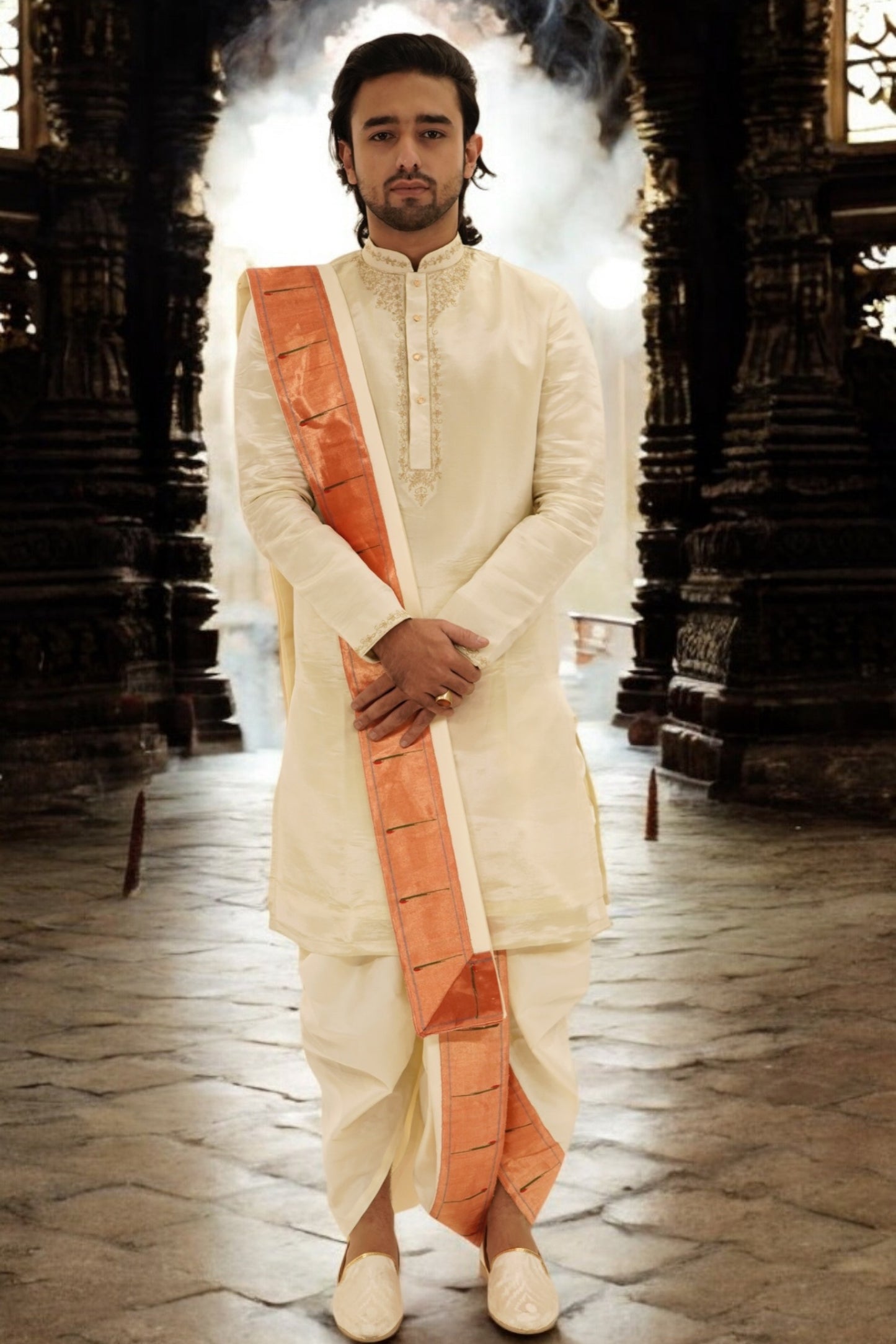Light gold tissue Pattu Pancha set with Paithani border