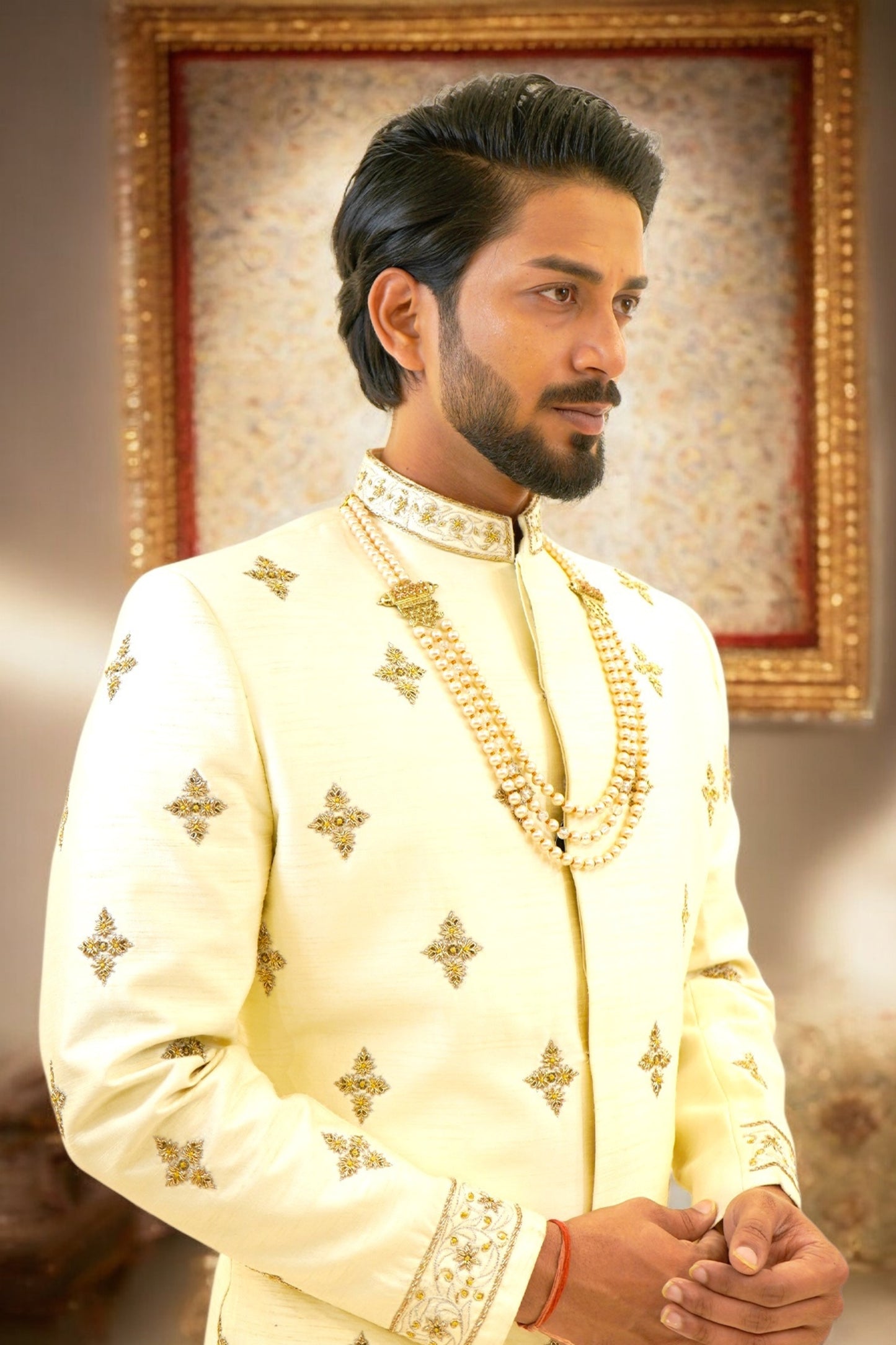 Off-white pure raw silk sherwani with zardozi work