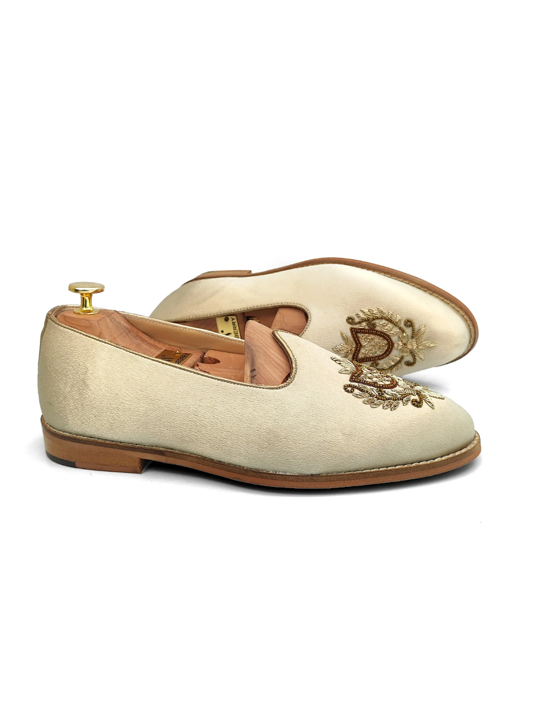 Ivory Creme Satin Gold Zardozi Handwork Wedding Shoes Ethnic Mojari