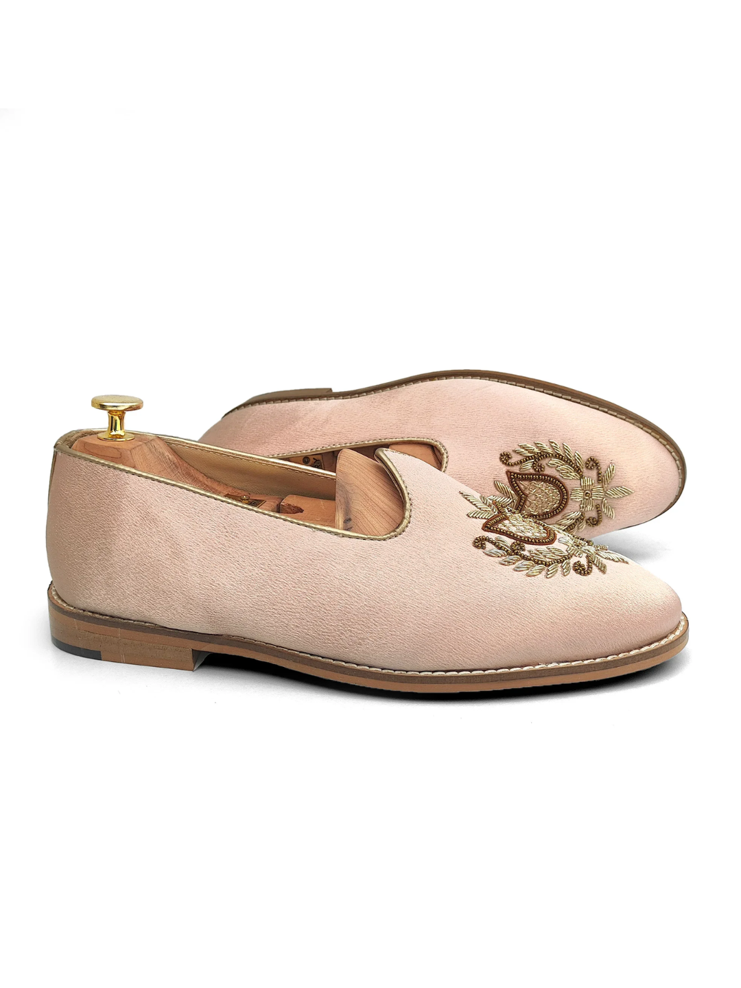 Pink Satin Gold Zardozi Handwork Wedding Shoes Ethnic Mojari